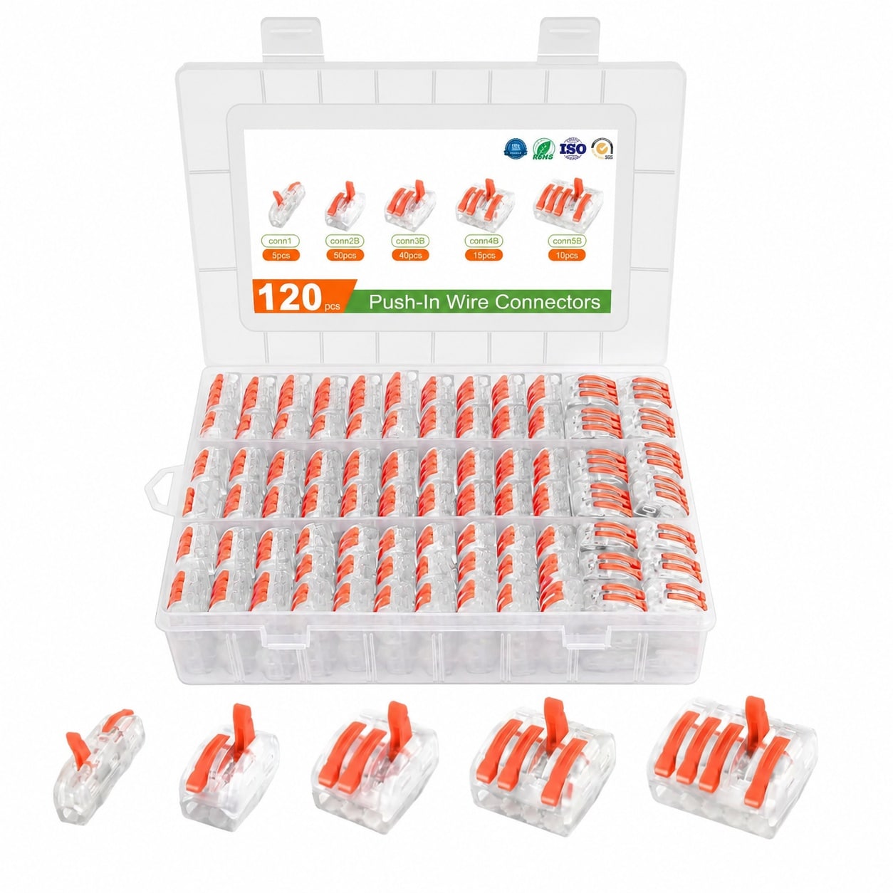 Afoxsos 120PCS Lever Wire Connectors Kit 1 2 3 4 5 Conductor Combination Quick Push In Wire Nuts for Solid and Stranded Copper Wires AWG 28 to 12 #LAF0823FA0452