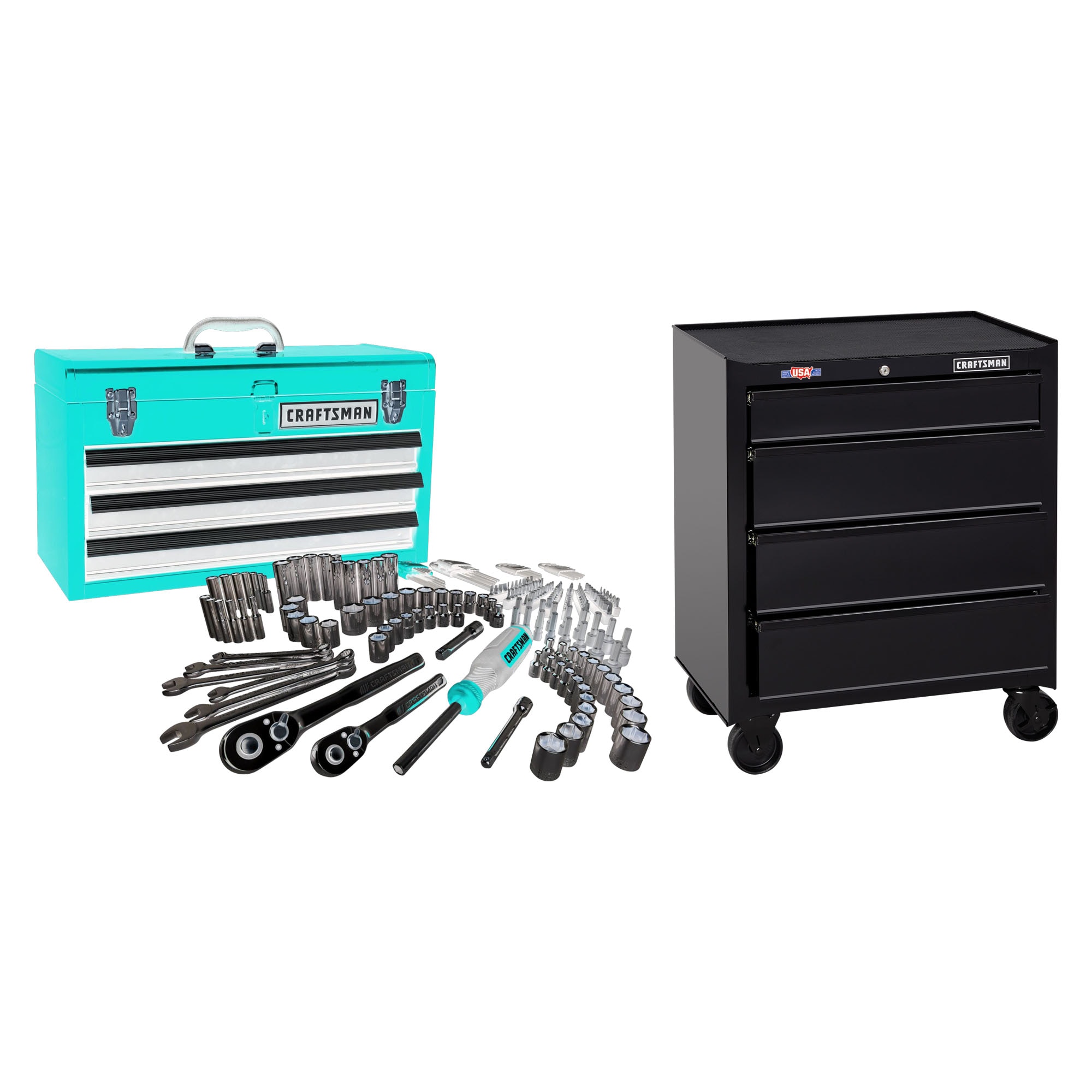 CRAFTSMAN 1000 Series 26.5-in W x 32.5-in H 4-Drawer Steel Rolling Tool Cabinet (Black) & 224-Piece Standard (SAE) and Metric Combination Polished