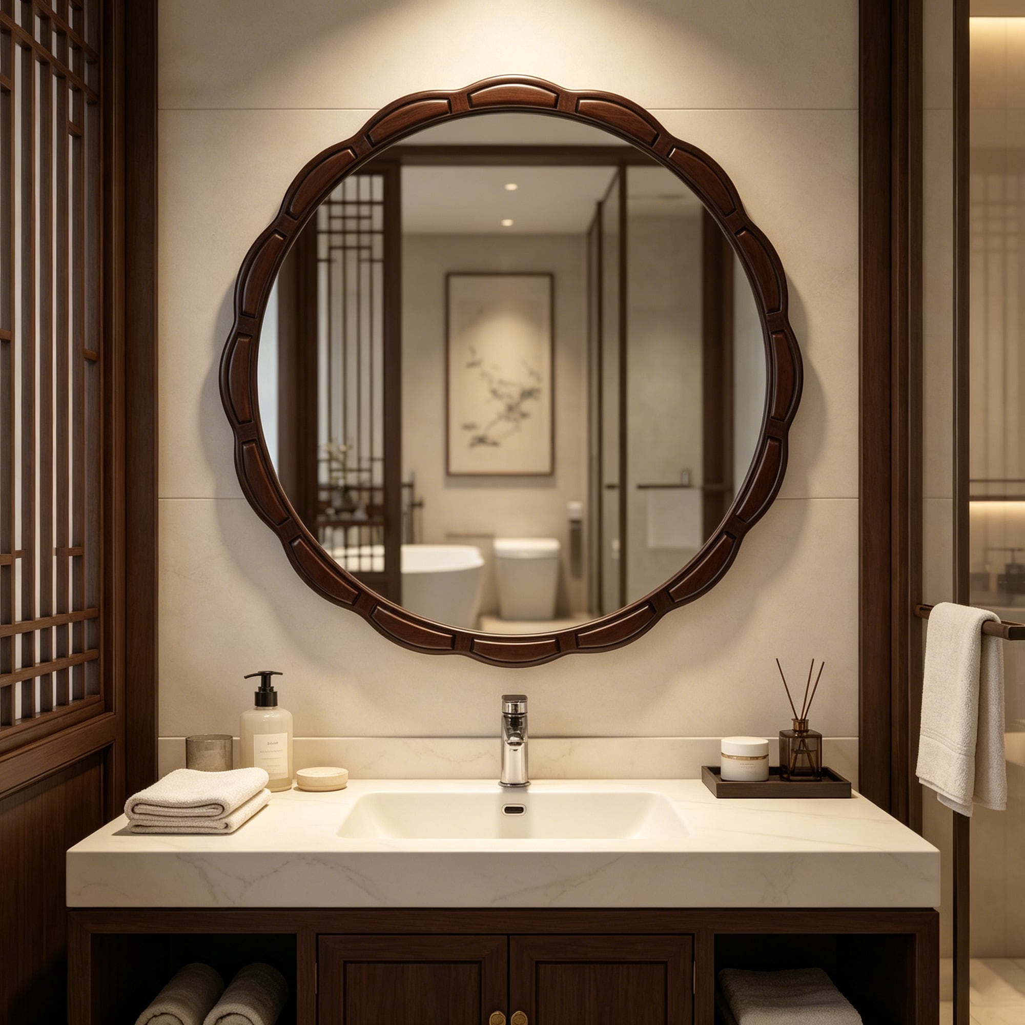 KTMBDW - 31.5-in Round Wall Mirror Wooden Framed Circle Mirrors Antique Vanity Mirror for Bathroo...