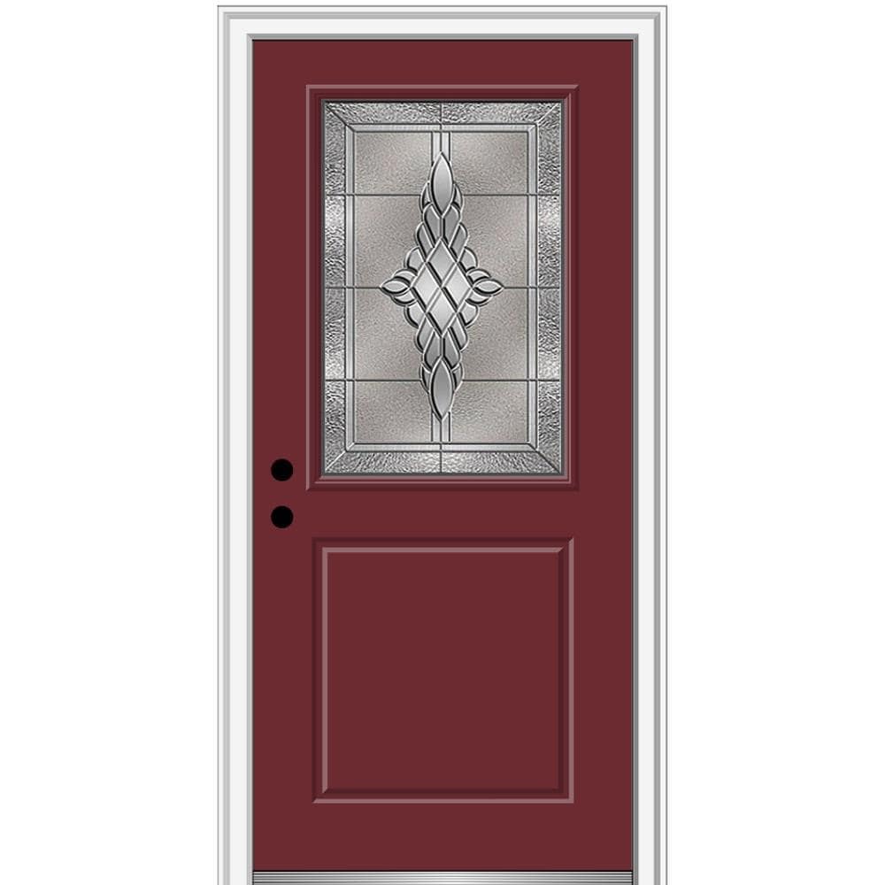 MMI DOOR ZZ3667032R 32-in x 80-in x 4-9/16-in Fiberglass Half lite Right-hand inswing Burgundy Painted Prehung Front Door with Brickmould Insulating core