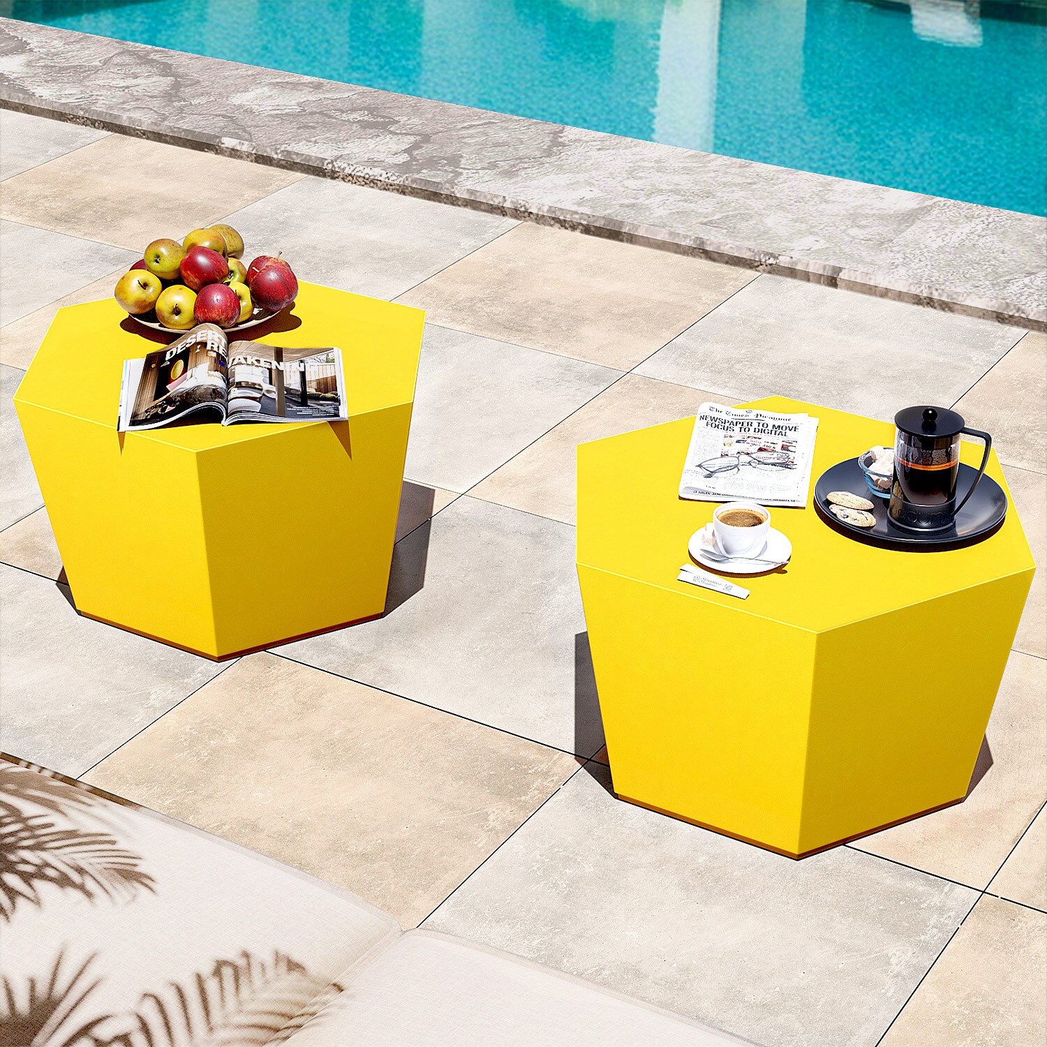 Patio Watcher LS-T28M-6BX-LMY-2PC Magnesium Oxide Coffee Table Hexagon Extendable Outdoor Coffee 24.2-in W x 28-in L
