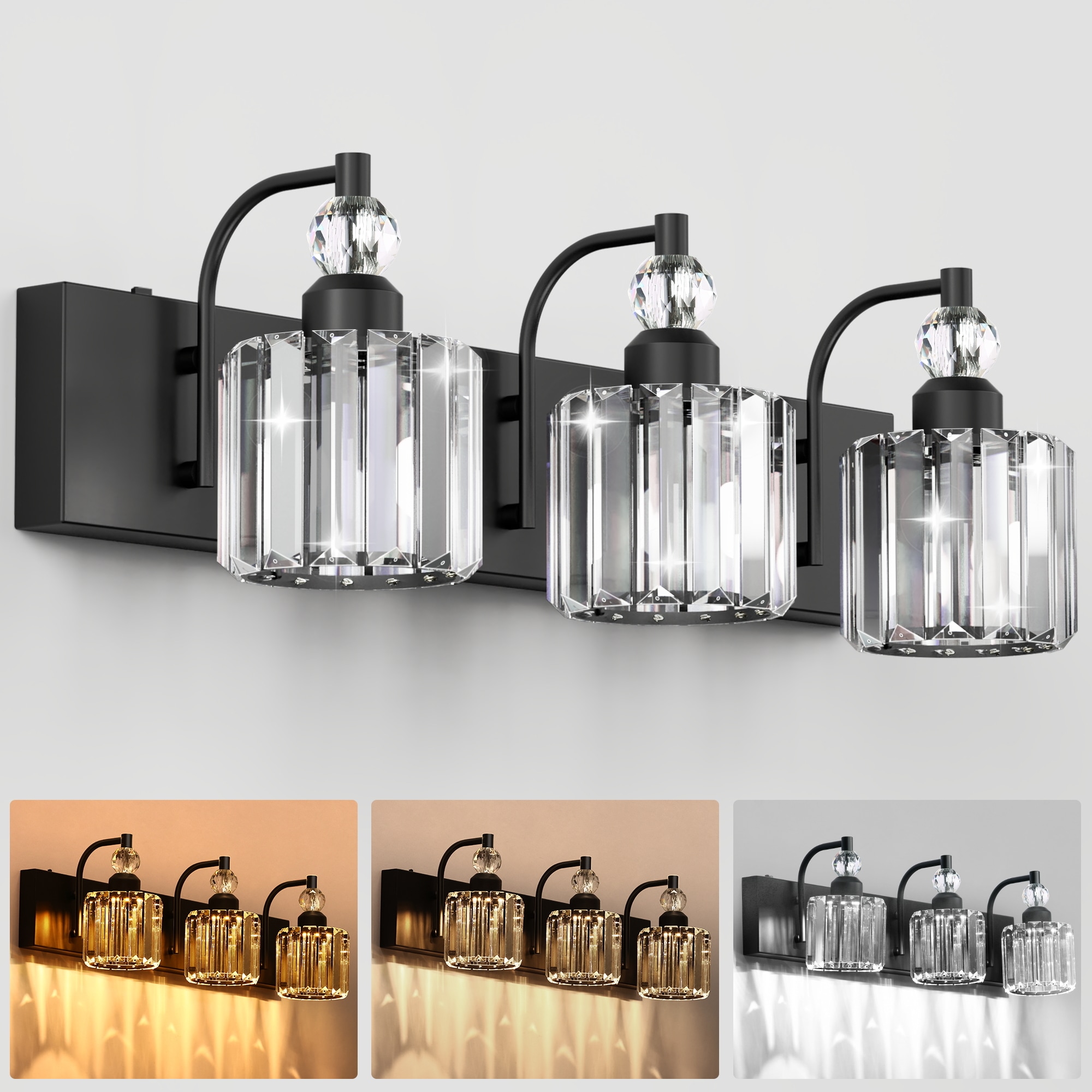 DORESshop LSC-HH-JQ01201CBL 24 inch 3 Light Black Round Crystal Bathroom Integrated LED Vanity Light Fixture with 3CCT Function