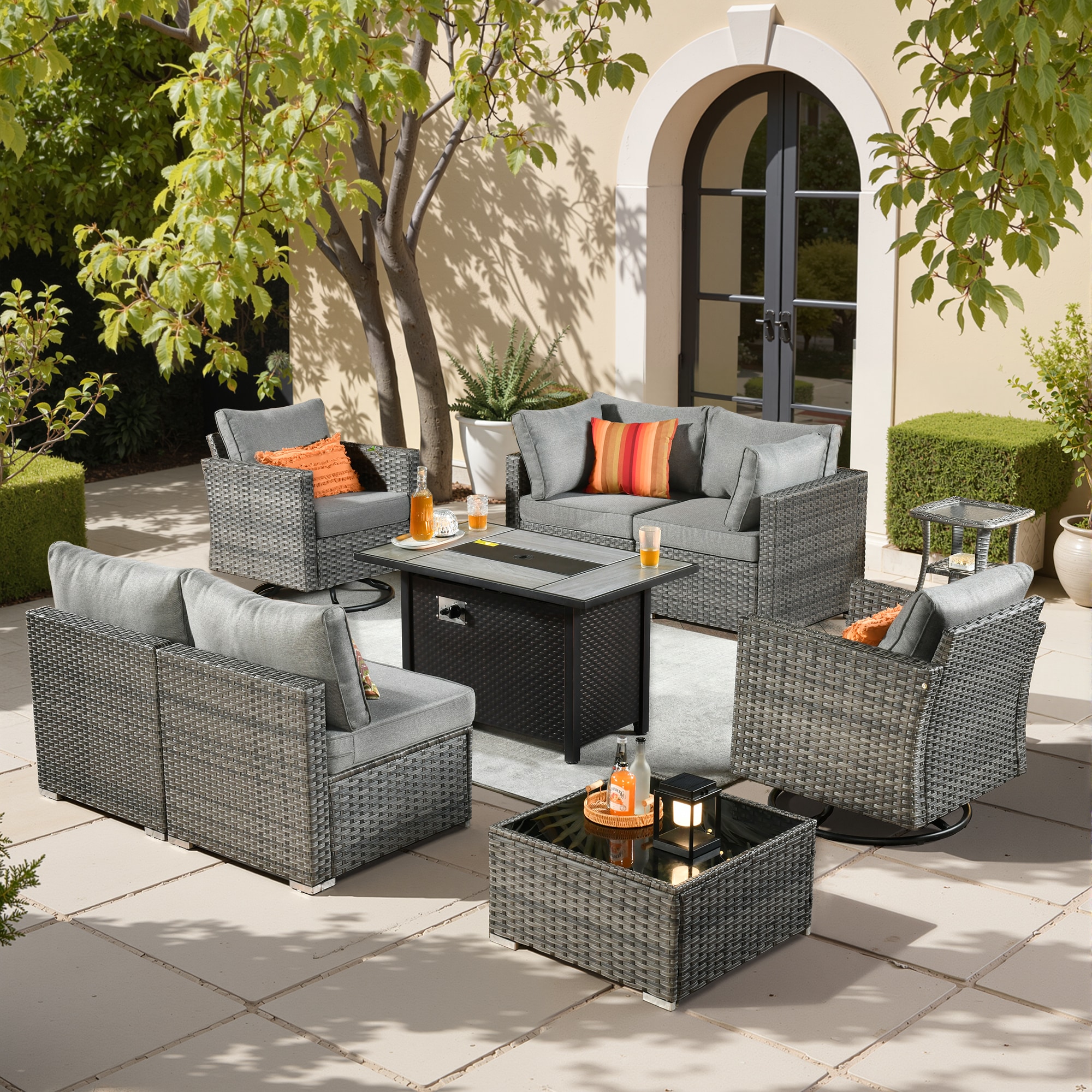 weaxty DCFP03RRSGRS209 Kuuga 9 -Piece Rattan Patio Conversation Set with Gray Cushions