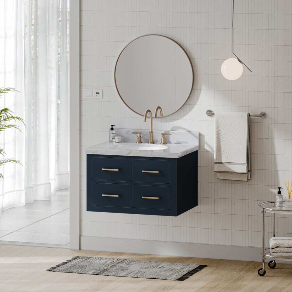 ARIEL W031SCWOVOMNB Hutton 31-in Midnight Blue Undermount Single Sink Floating Bathroom Vanity with White Marble Top