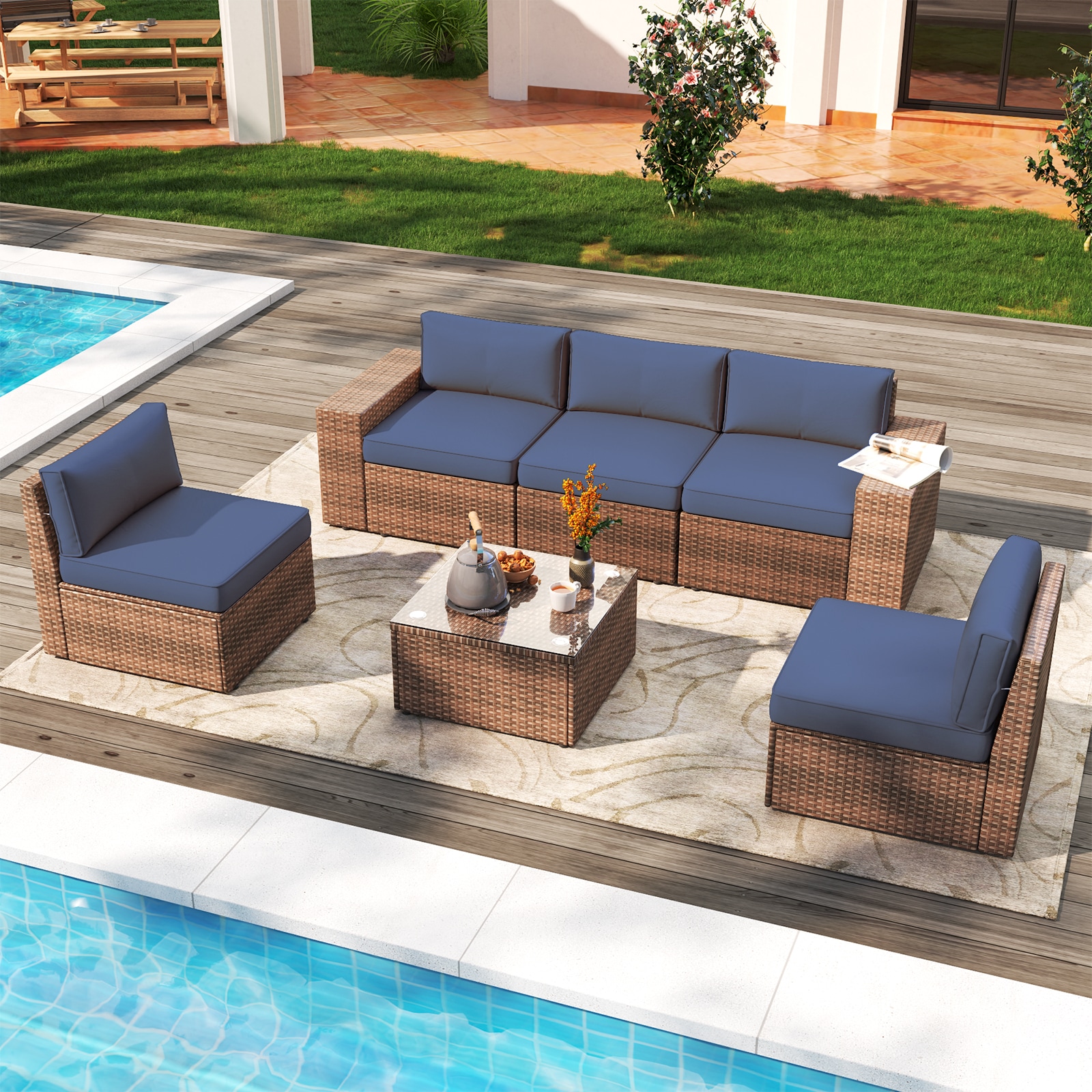 AOXUN G12039BUAB-PCS6 6 -Piece Rattan Patio Sofa Conversation Set with Blue Cushions