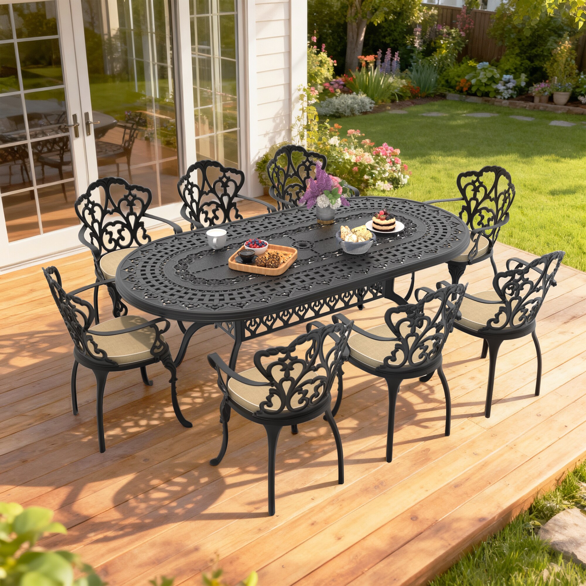 nicesure 9 -Piece Black Patio Dining Set Aluminum Oval Table with 8 Cushions Stationary Chairs