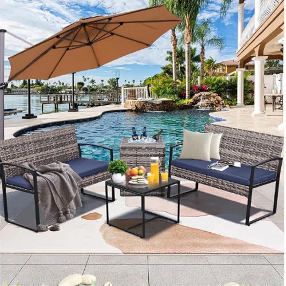 JUJABU CONSET-11 4 Piece Grey Wicker Conversation Set with Built-in Ice Bucket Insert Blue Cushions for Garden Patio and Outdoor
