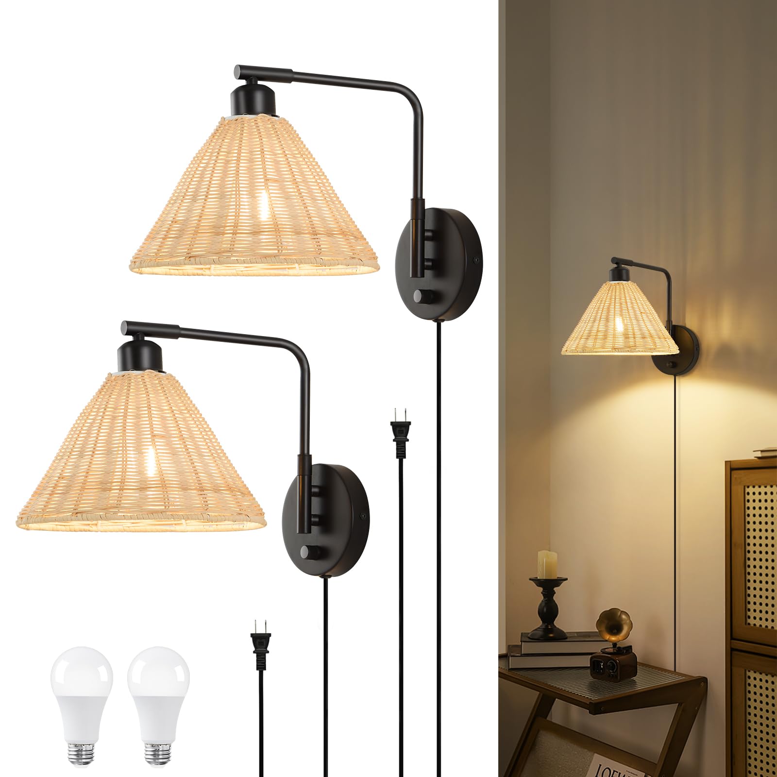 Fanbulous Rattan Plug In Wall Sconce Set Of 2 Black Wicker Swing Arm Dimmable Light Fixture