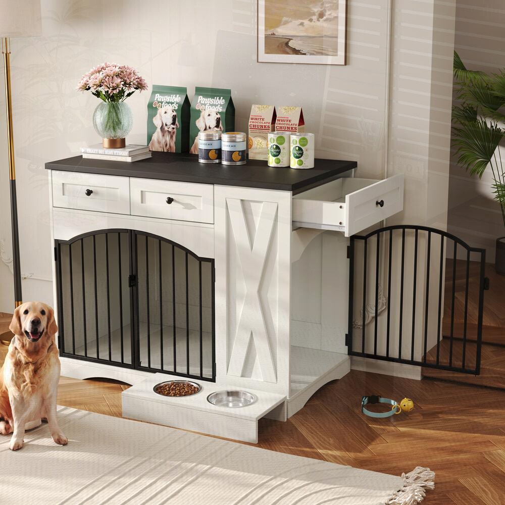 SunJet 43.3 Inch White Wooden Farmhouse Dog Crate with 3 Drawers Removable Feeder Double Door Design for Medium and Large Dogs