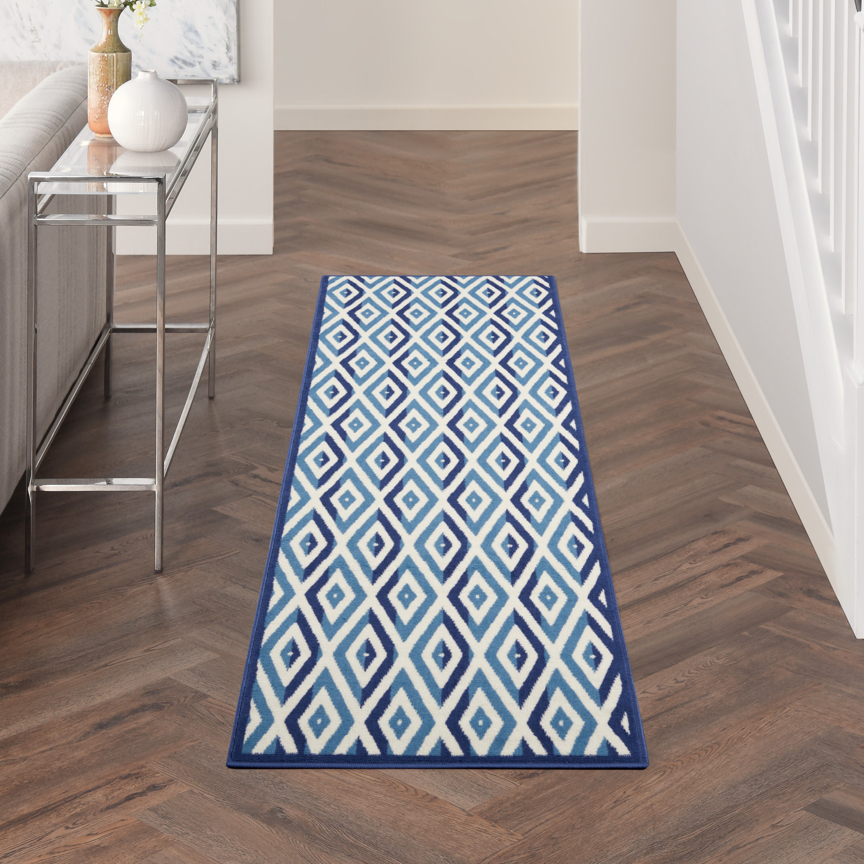 Grafix 2 X 8 (ft) White/Blue Irregular Indoor Geometric Bohemian/Eclectic Area Rug | - Nourison 99446411808