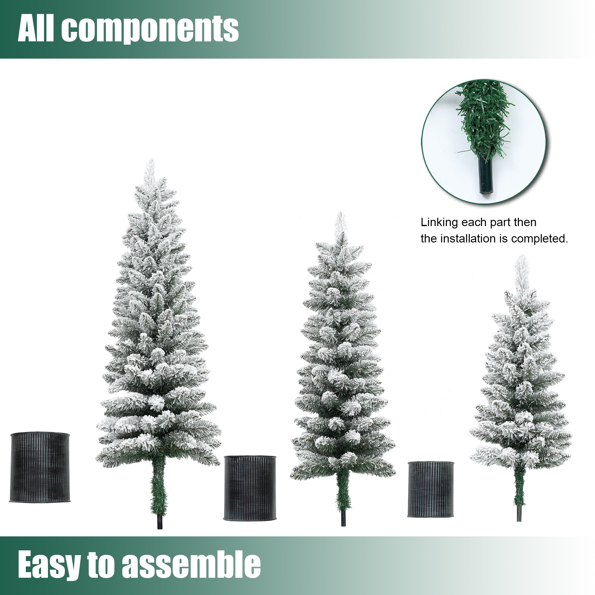 Set of 3 Snow-Flocked PVC Christmas Trees with Metal Pots