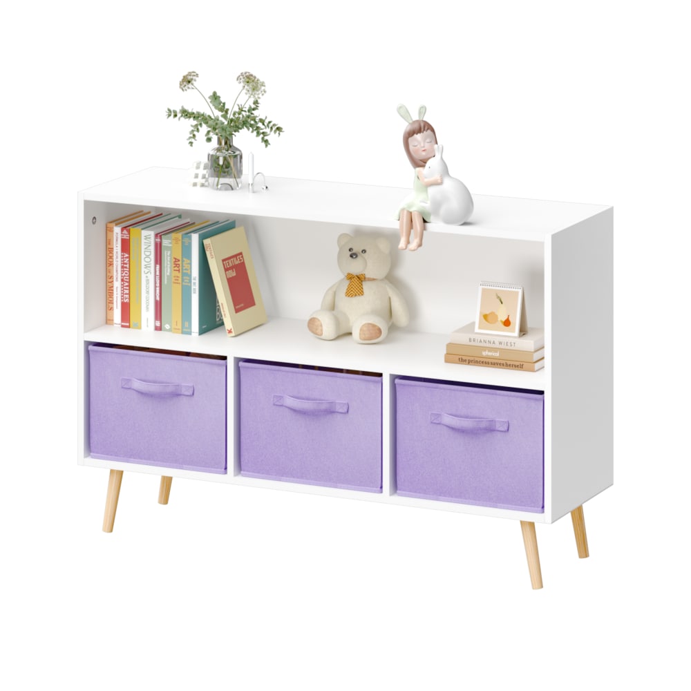 REIBII Kids Bookcase Toy Storage with 3 Fabric Drawers Children Toy Storage Cabinet Organizer MDF Board Wall Mounted Bookshelf White Purple