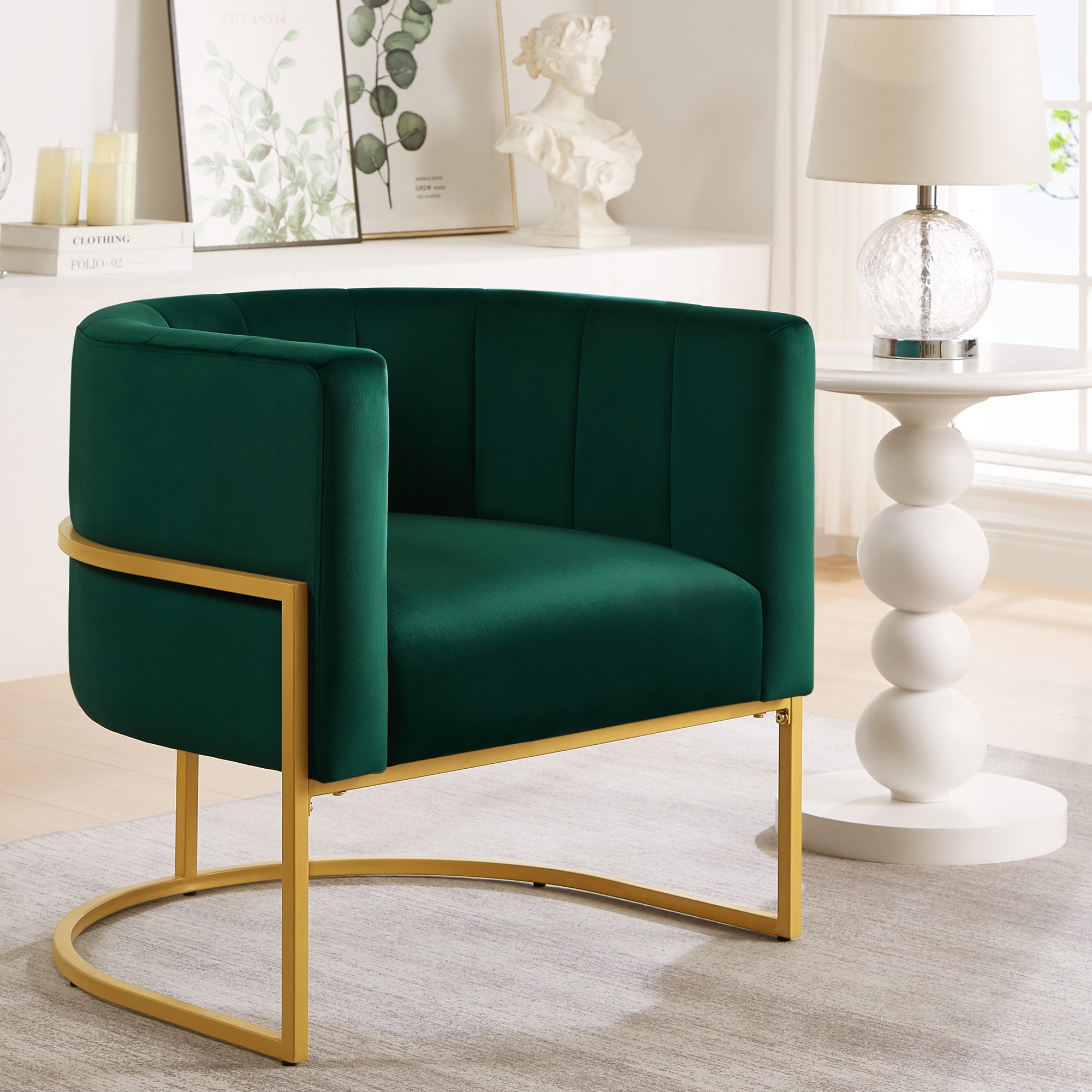 GDFStudio 326754 Mid Century Modern Iris Velvet Accent Chair with Golden Metal Stand Emerald