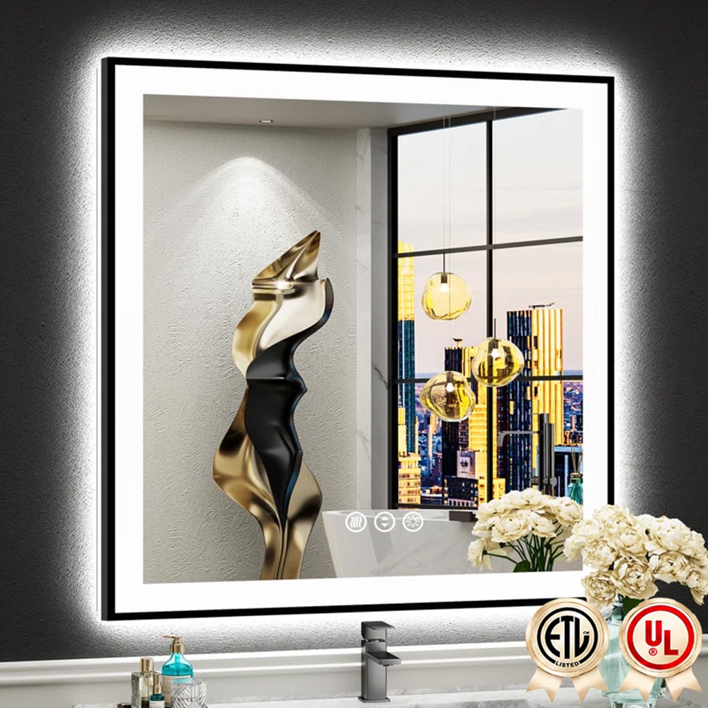 YQP 38x38 Inch UL Certified Front + Back LED Anti-Fog Tempered Glass Black Framed Bathroom Vanity Mirror
