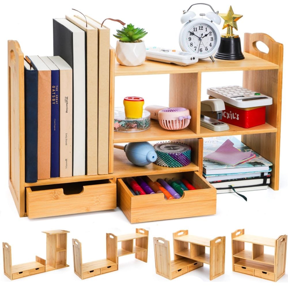Etokfoks  Bamboo Desktop Bookshelf Expandable 15 to 28.5 Inch Counter Bookcase Organizer with 2 Drawers 8 Anti Slip Pads No Assembly 1 Piece