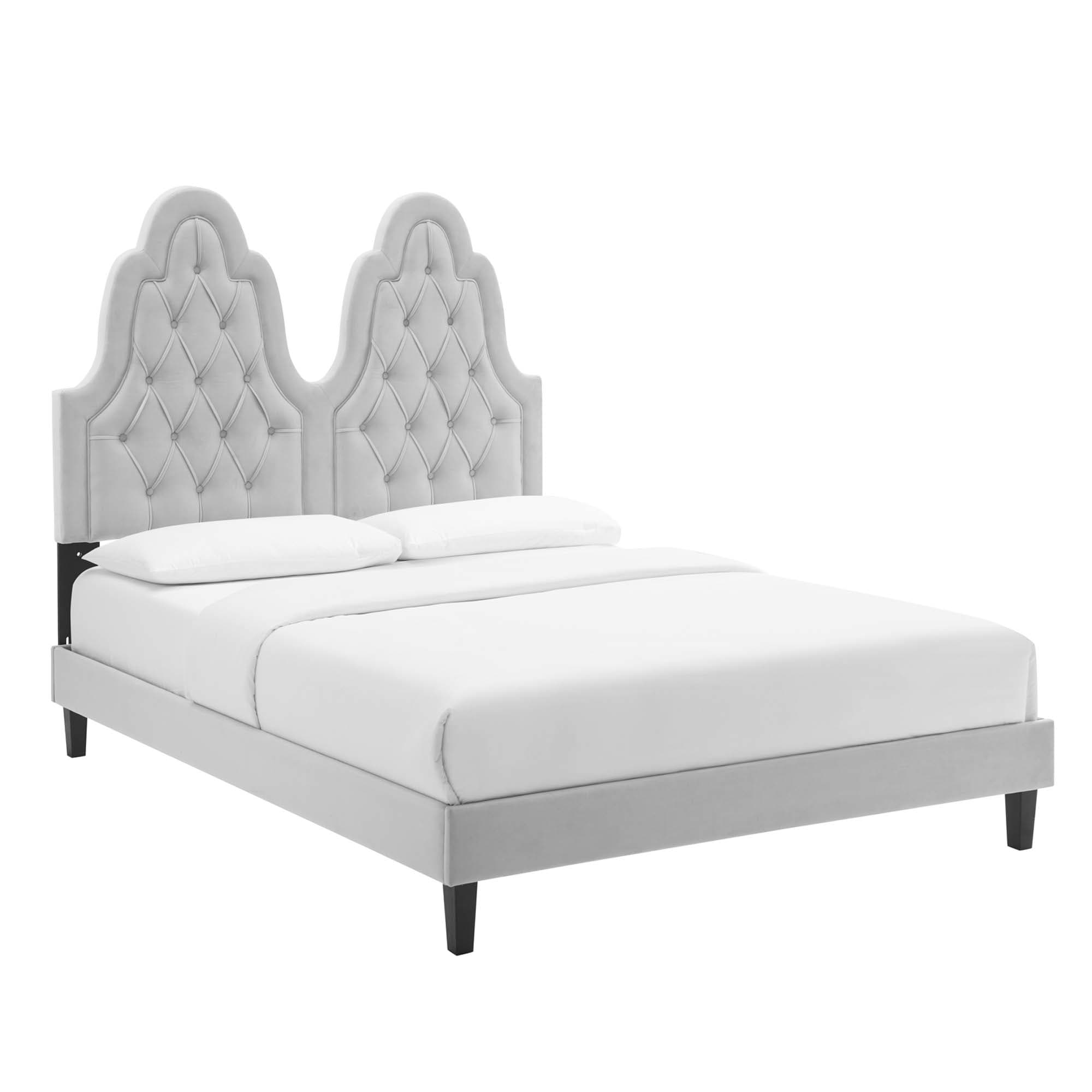  Alexandria Tufted Performance Velvet Twin Platform Bed in Light Gray