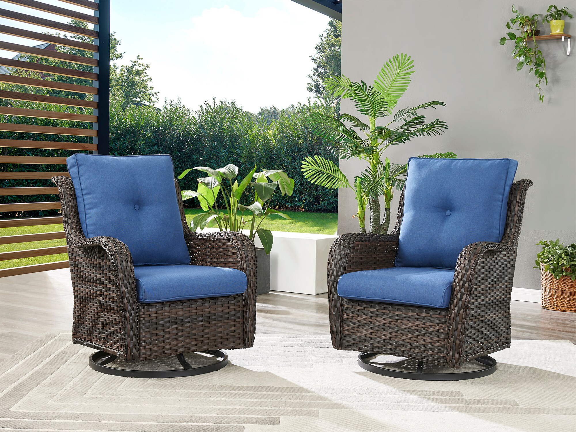 Curved Handrail Blue Cushioned Brown Wicker Swivel Glider Chair Set