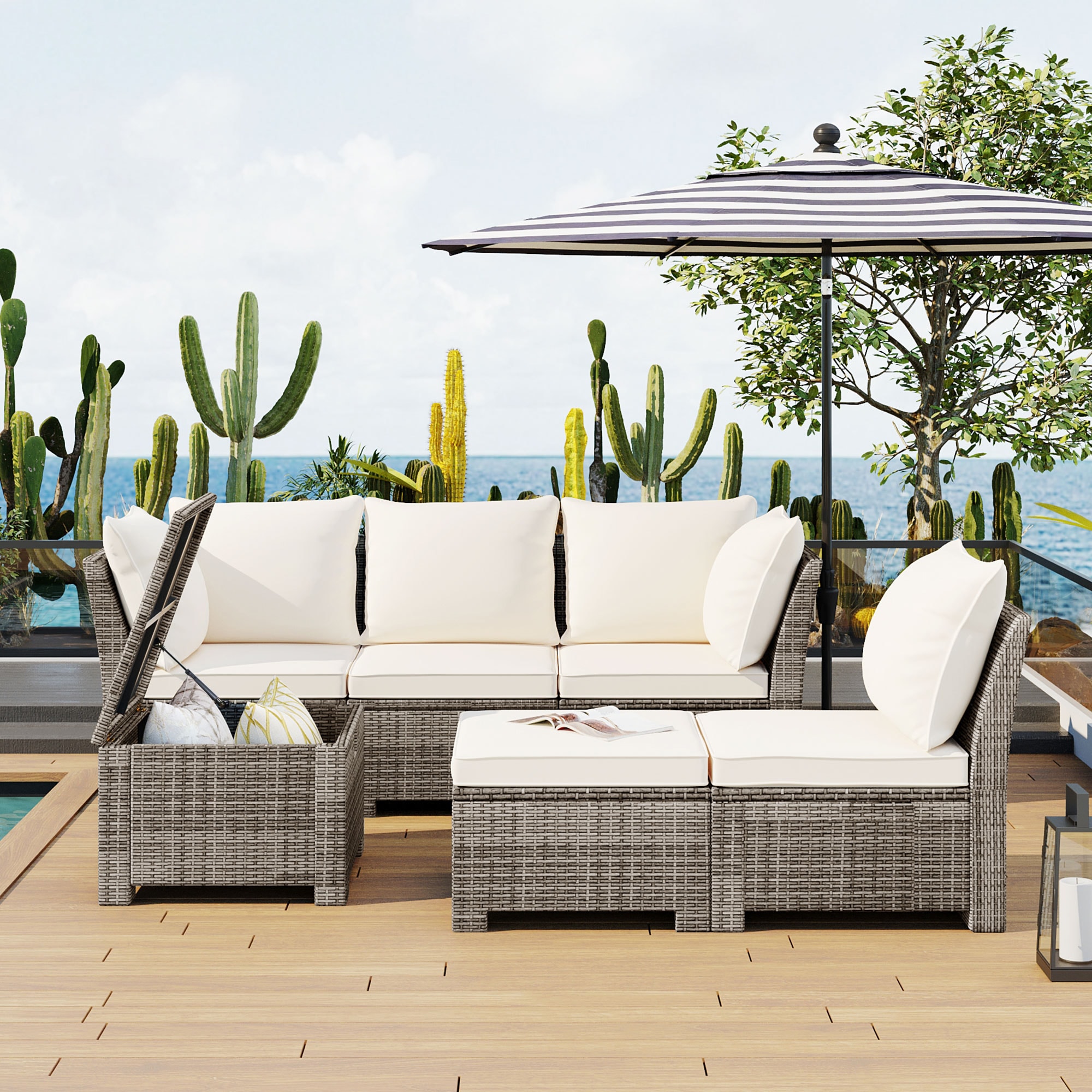 CASAINC CEW-HZ008-BR Outdoor Sofa Set 6-Piece Rattan Patio Conversation Set with Off-white Cushions