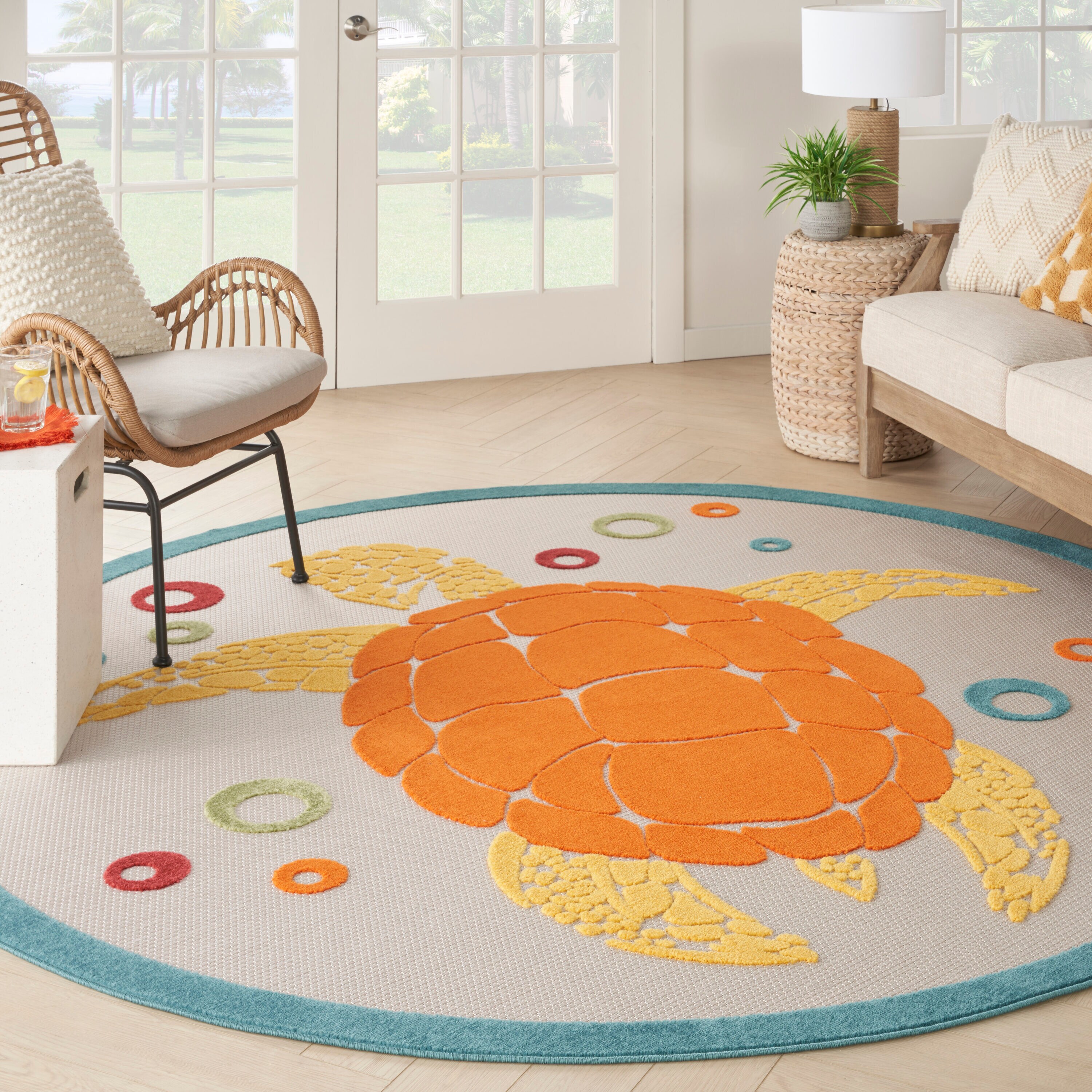 Nourison 099446135834 Aloha 5 x 5 (ft) Loomed Polypropylene Teal Multi Round Indoor/Outdoor Animal print Coastal Area rug