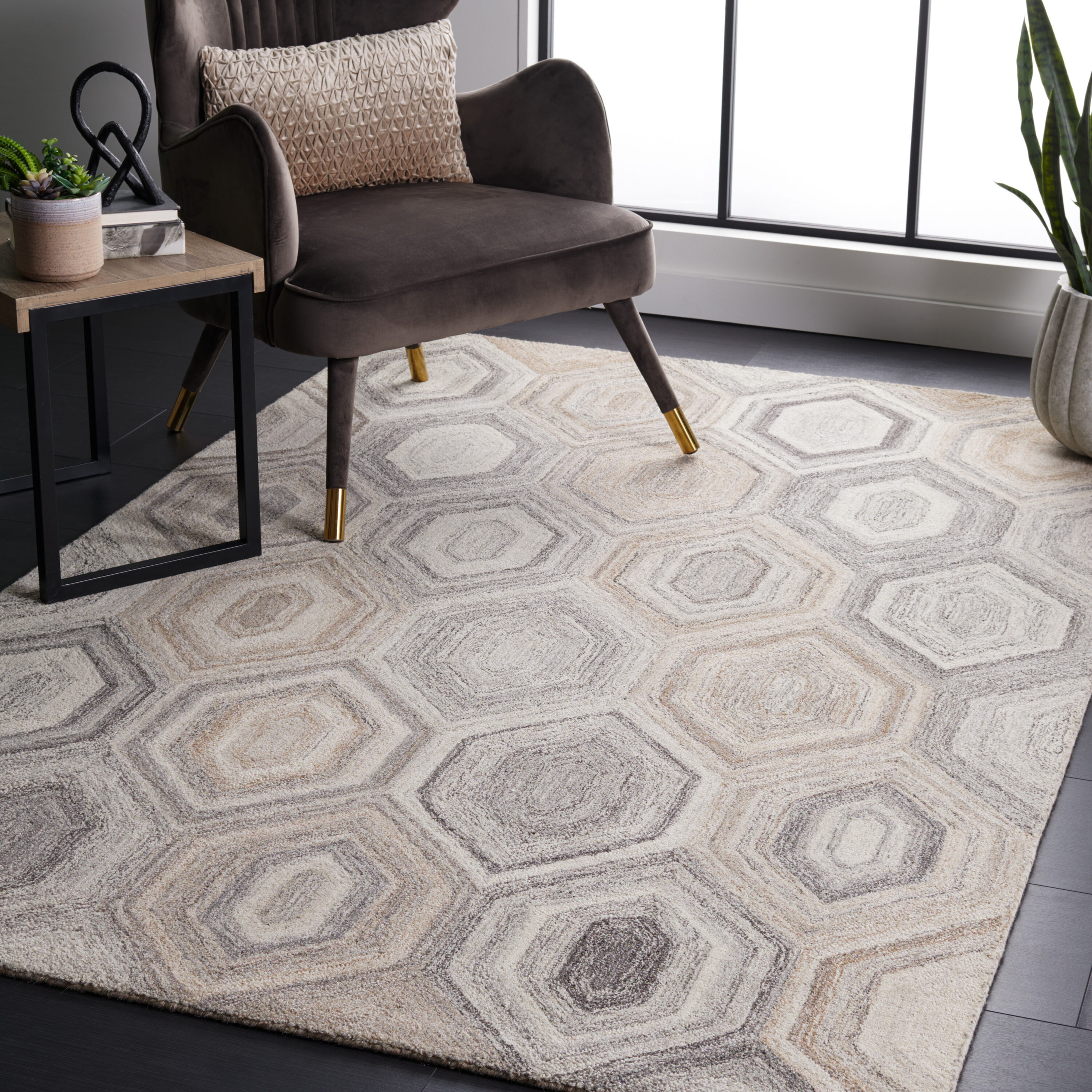 Abstract 5 x 8 (ft) Tufted Wool Natural/Grey Rectangular Indoor Geometric Mid-Century Modern Spot Clean Only Area rug
