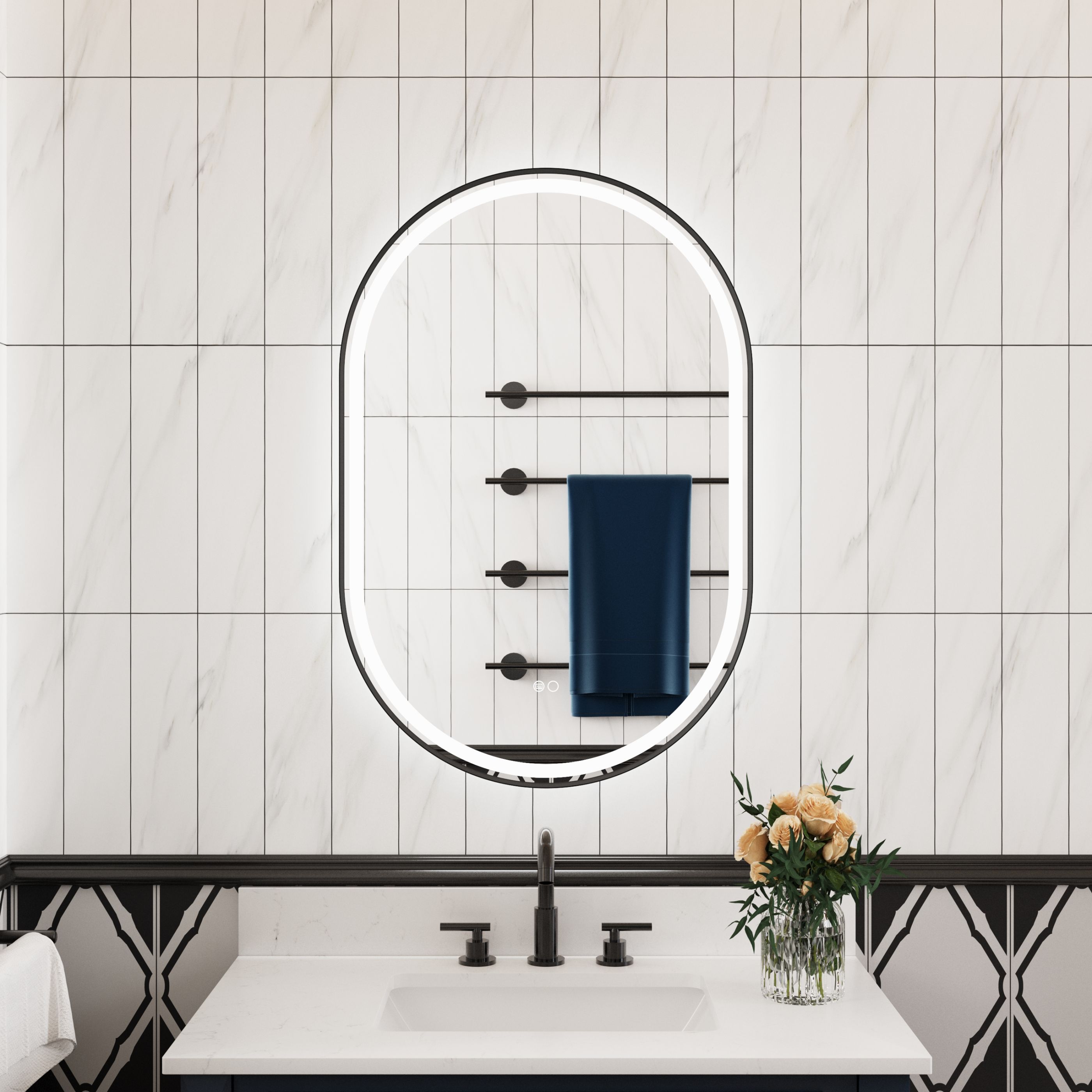 WELLFOR W16EP2436MB HELIO 24-in x 36-in Framed Oval Dimmable LED Lighted Fog Free Bathroom Vanity Mirror ( Matte Black )