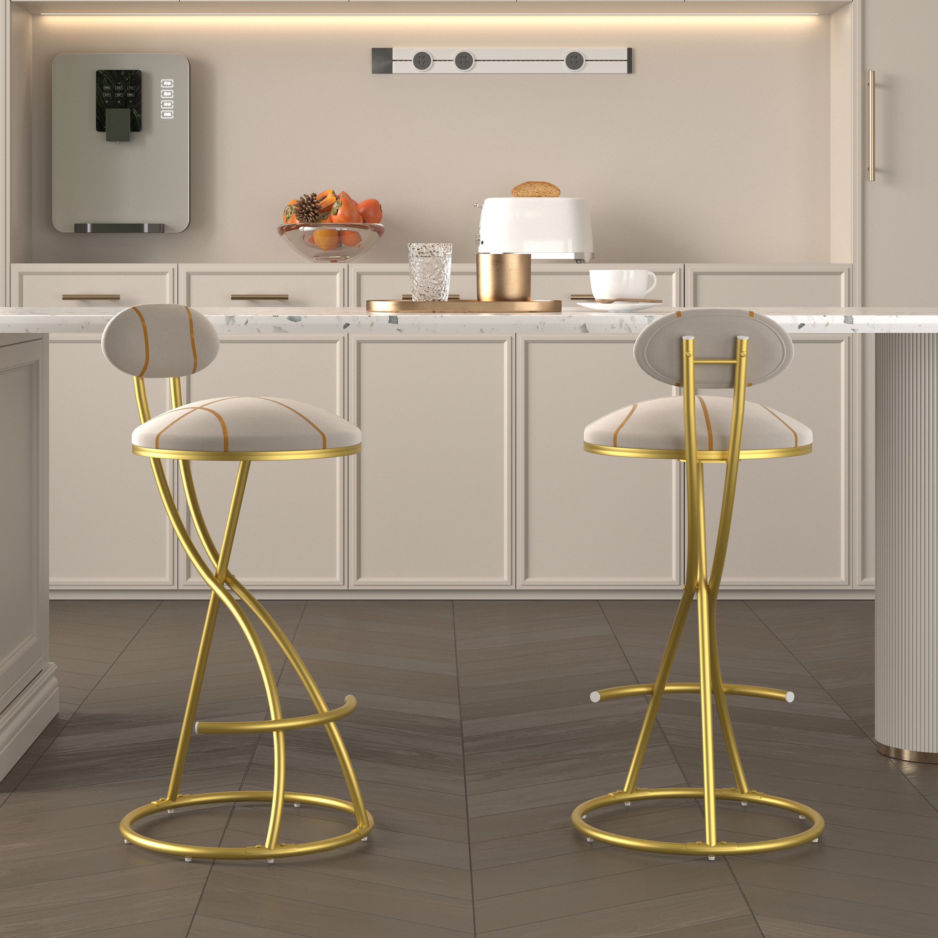GDFStudio Lunara 28-inch Modern Velvet Upholstered Armless Counter Height Bar Stool with Metal Sculptural S-Shaped Cantilever Legs and Circular Backrest - Gold Stripe (Set of 2)