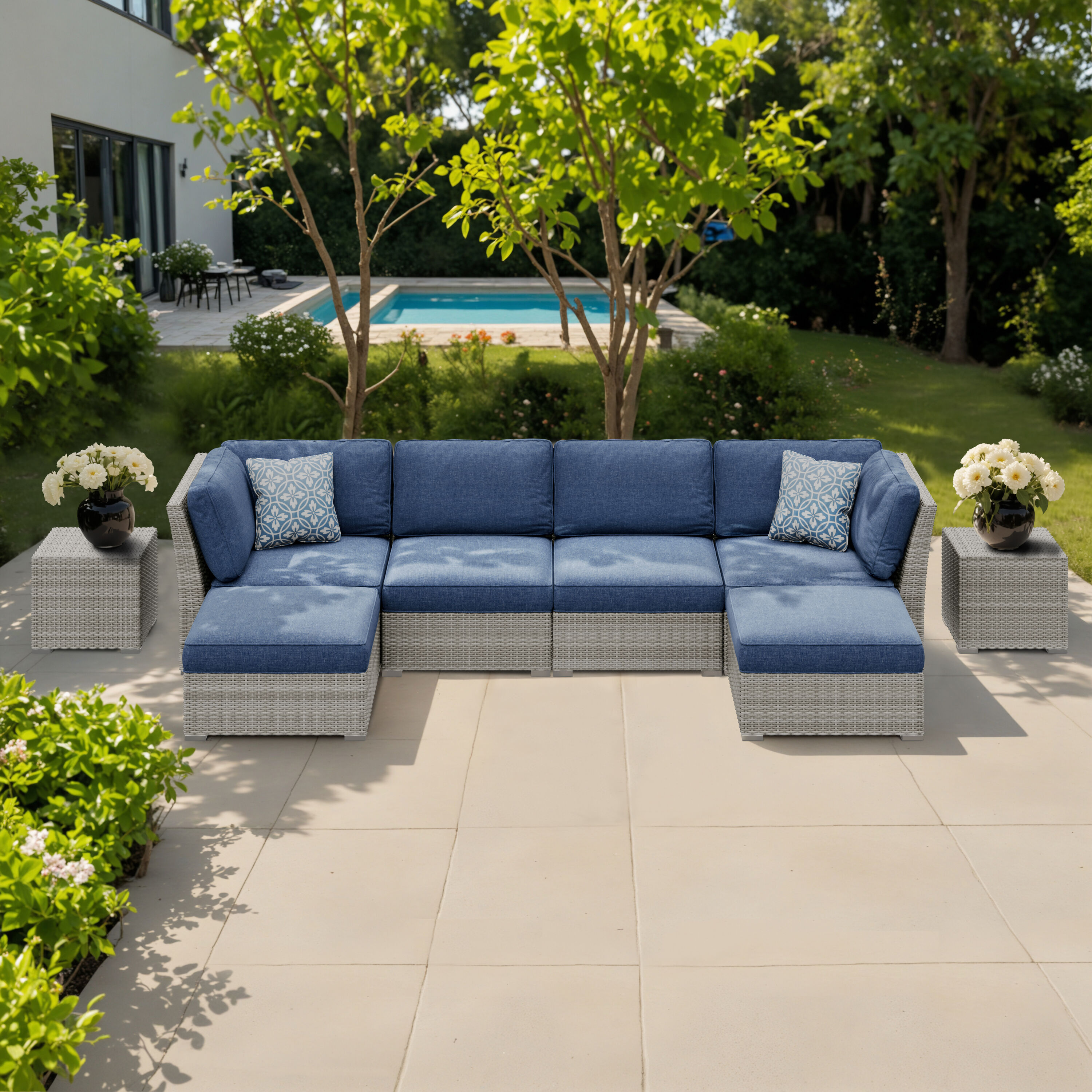 Octans SL2C00222 8 -Piece Wicker Patio Conversation Set with Blue Cushions