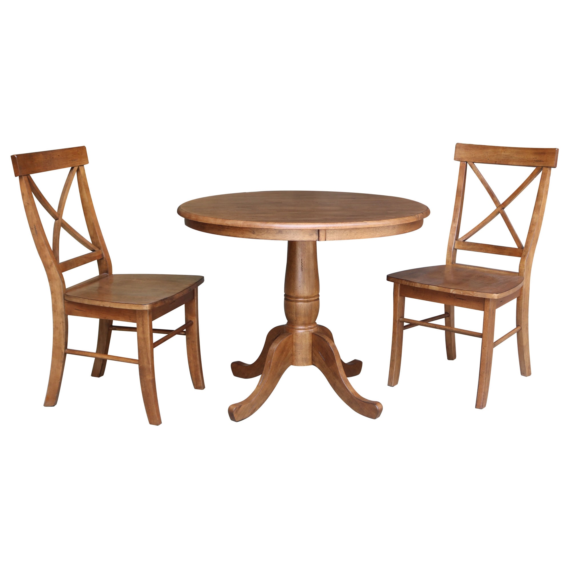36" Distressed Oak Solid Wood Round Pedestal Table with 2 X-Back Chairs