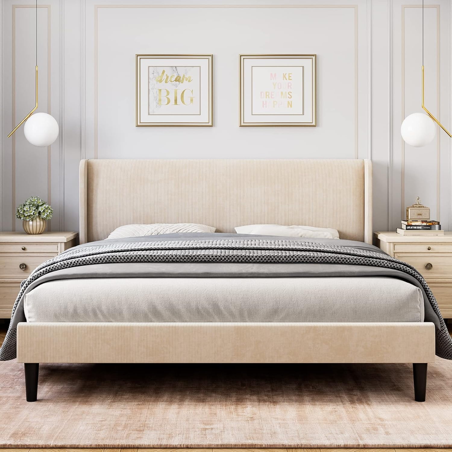 Qeetex Queen Size Bed Frame  Upholstered Platform Bed with Wingback Headboard  Velvet Upholstered Bed Frame with 2 Storage Pockets  Strong Wooden Slat Support Box Spring Optional Easy Assembly  Beige