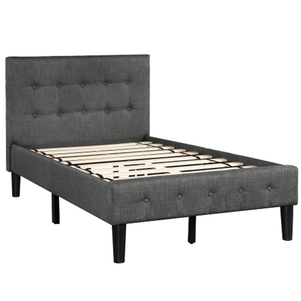 Twin Size Bed Frame PU Upholstered Bed Platform W/Strong Wood Slat Support Black 