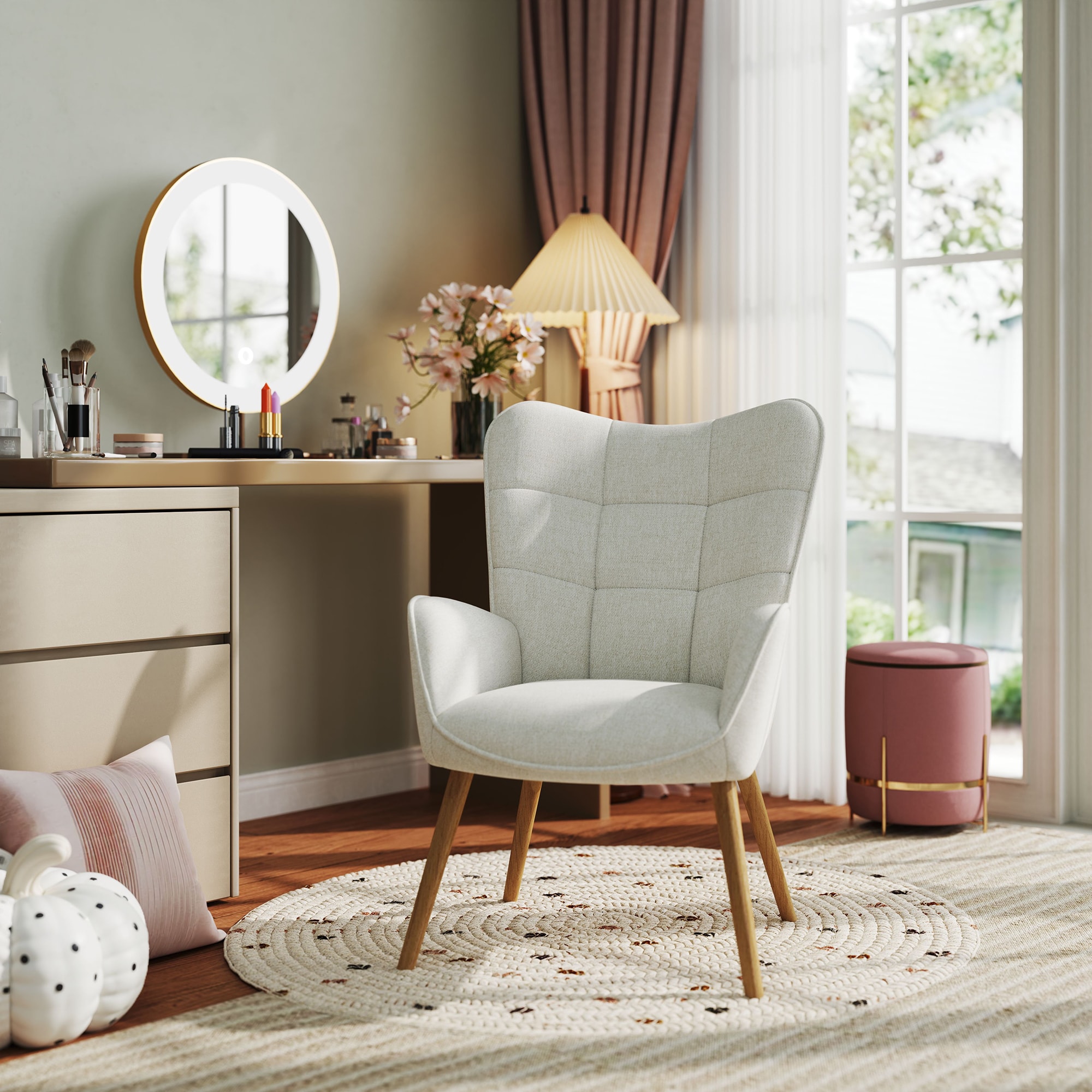 Homy Casa KANYAN CREAM KANYAN Vanity Chair with Wide Backrest and Wood Legs Modern Style Makeup Chair for Bedroom in Cream