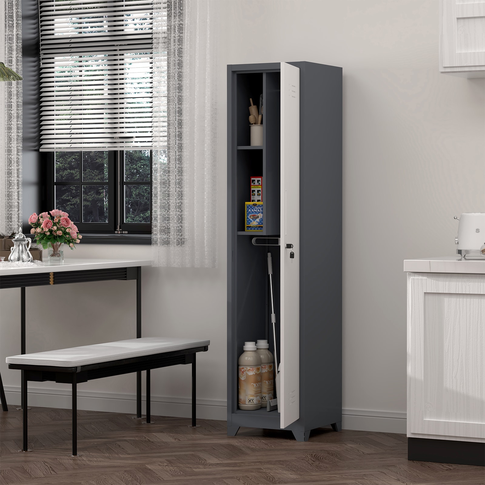 AUKFA 65 Inch Narrow Broom Storage Cabinet with Lock and Hooks - Slim Metal Cleaning Tool Cabinet with Shelves for Utility Room Gym Office and Garage - Gray White