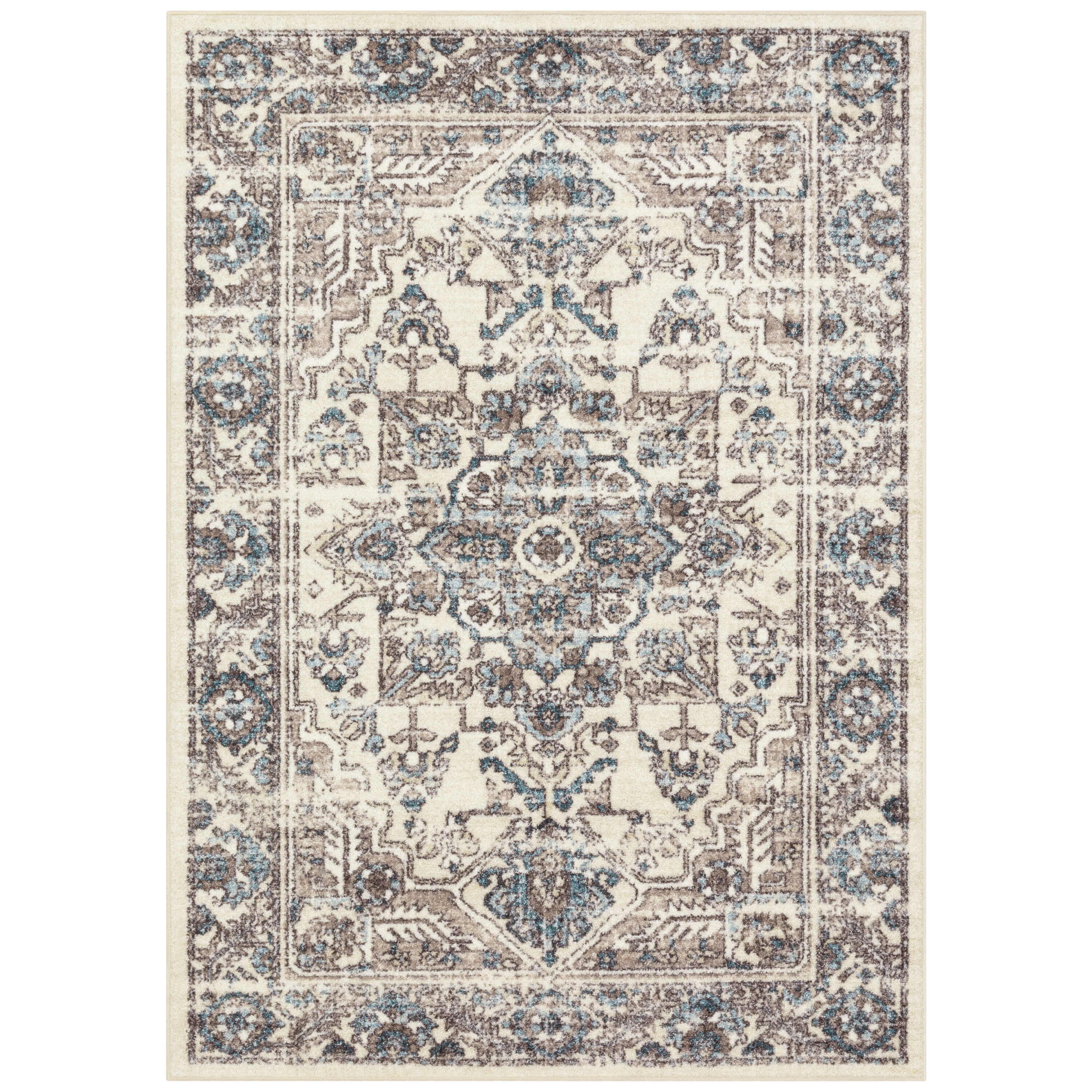Distressed Blue and Beige Synthetic Traditional Area Rug, 5' x 7'