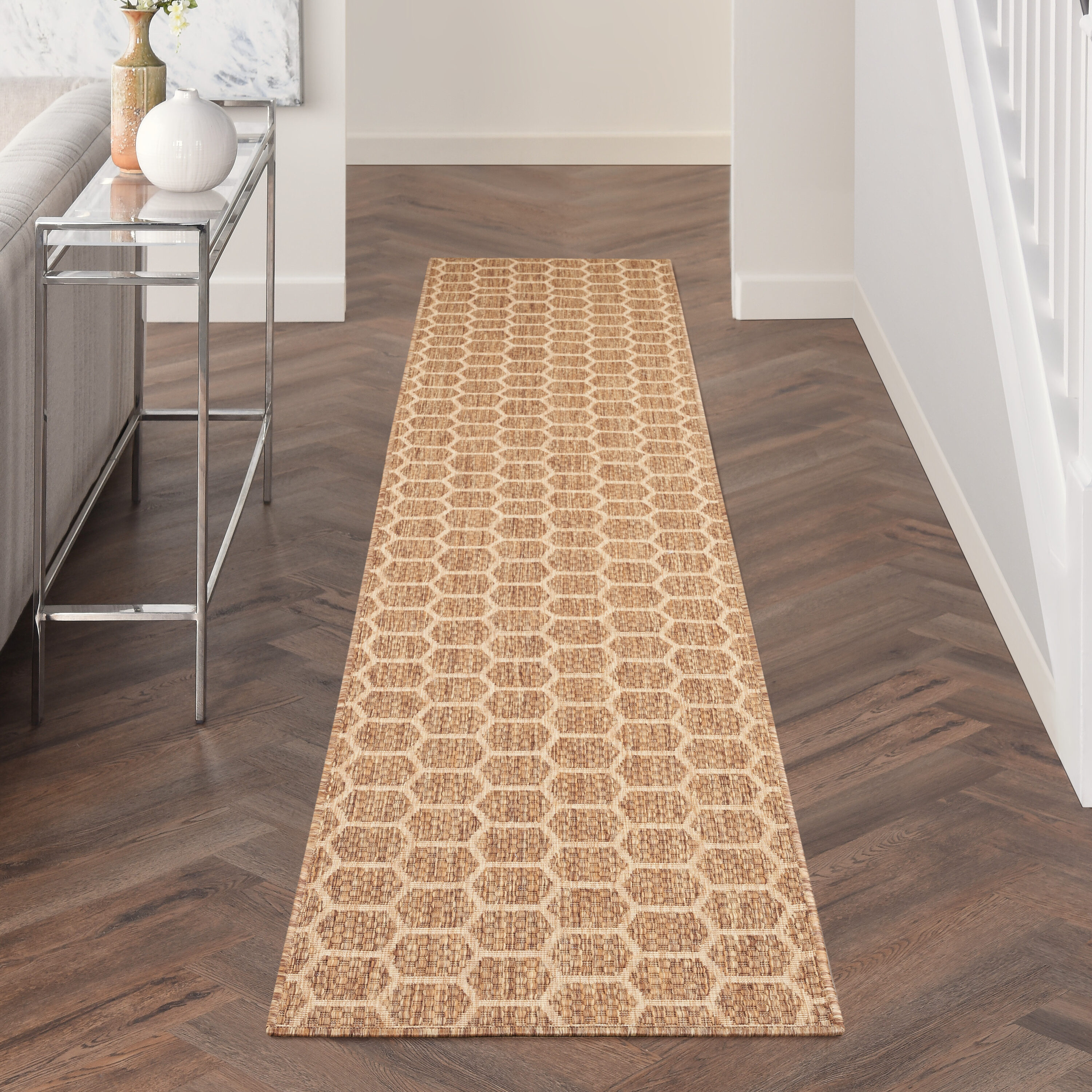 Nourison Home 099446974358 Reversible Indoor Outdoor 2 x 10 (ft) Polyester/Polypropylene Natural Rectangular Indoor/Outdoor Geometric Runner rug