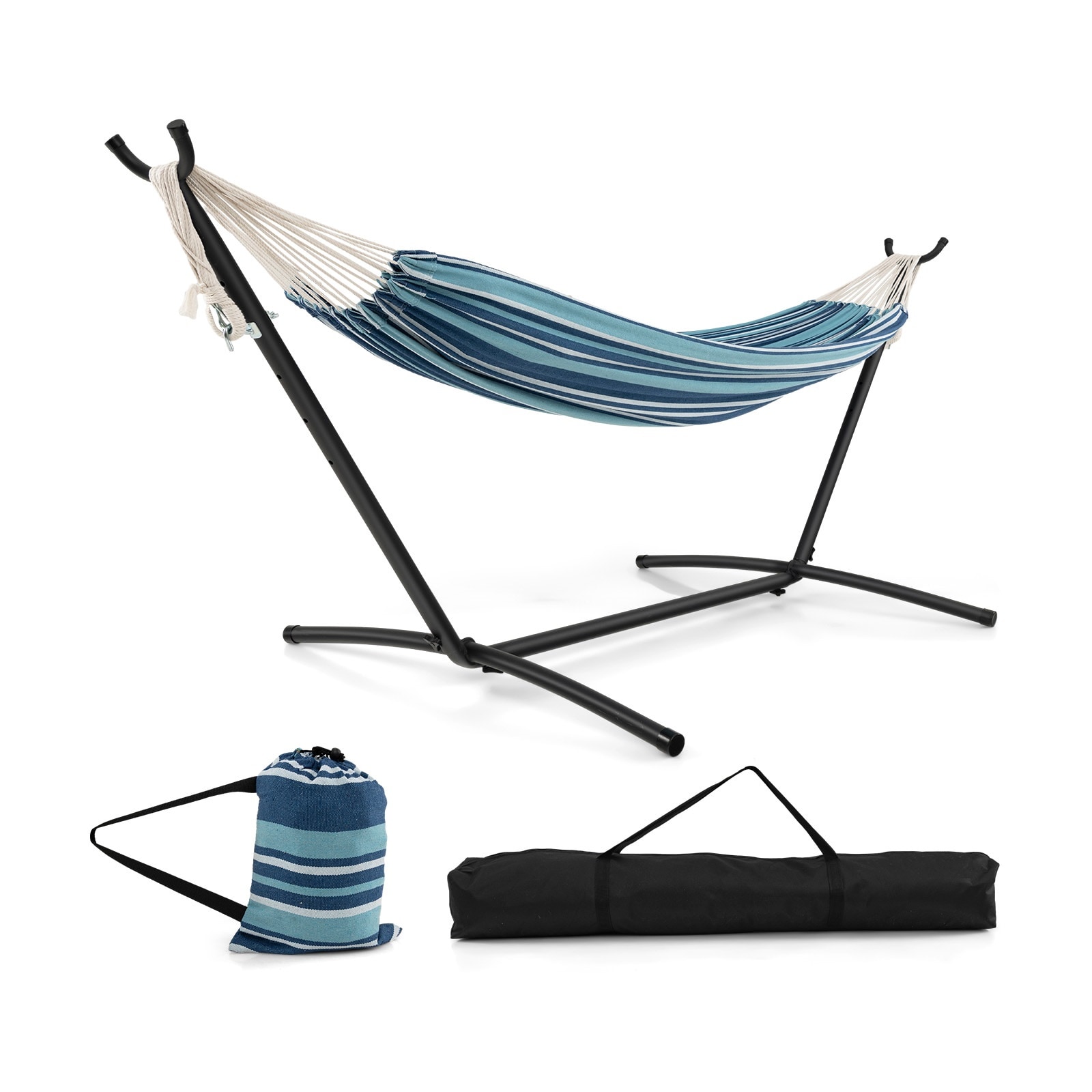 Slickblue D-CO-LB85611PN 2-Person Brazilian Hammock with Metal Stand - Outdoor Blue Modern Hammock with Stand Included – Adjustable Height Easy Assembly for Lawn Porch or Deck