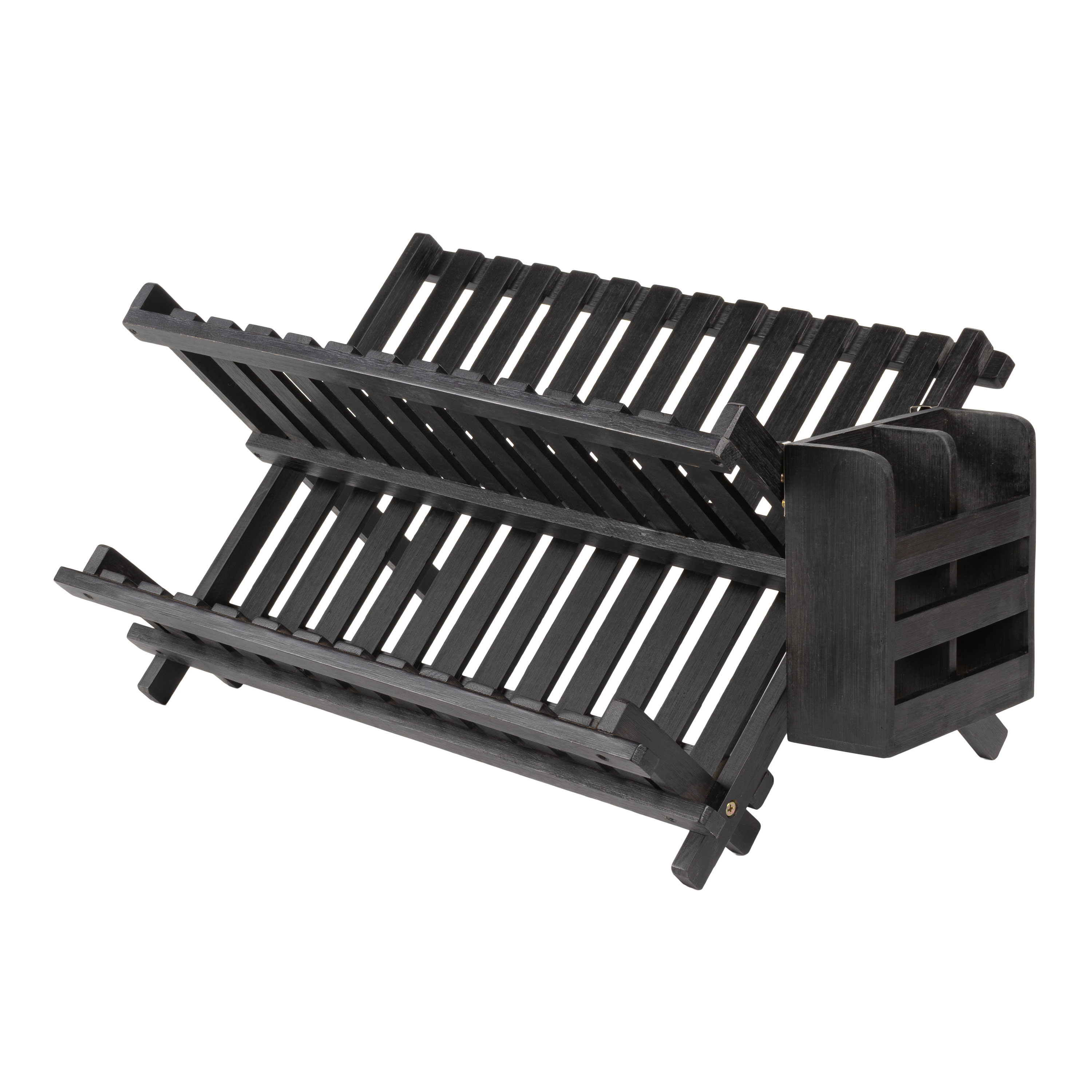 happimess Arlen Farmhouse Bamboo Foldable 2-Tier Dish Drying Rack with Detachable Utensil Holder - Black