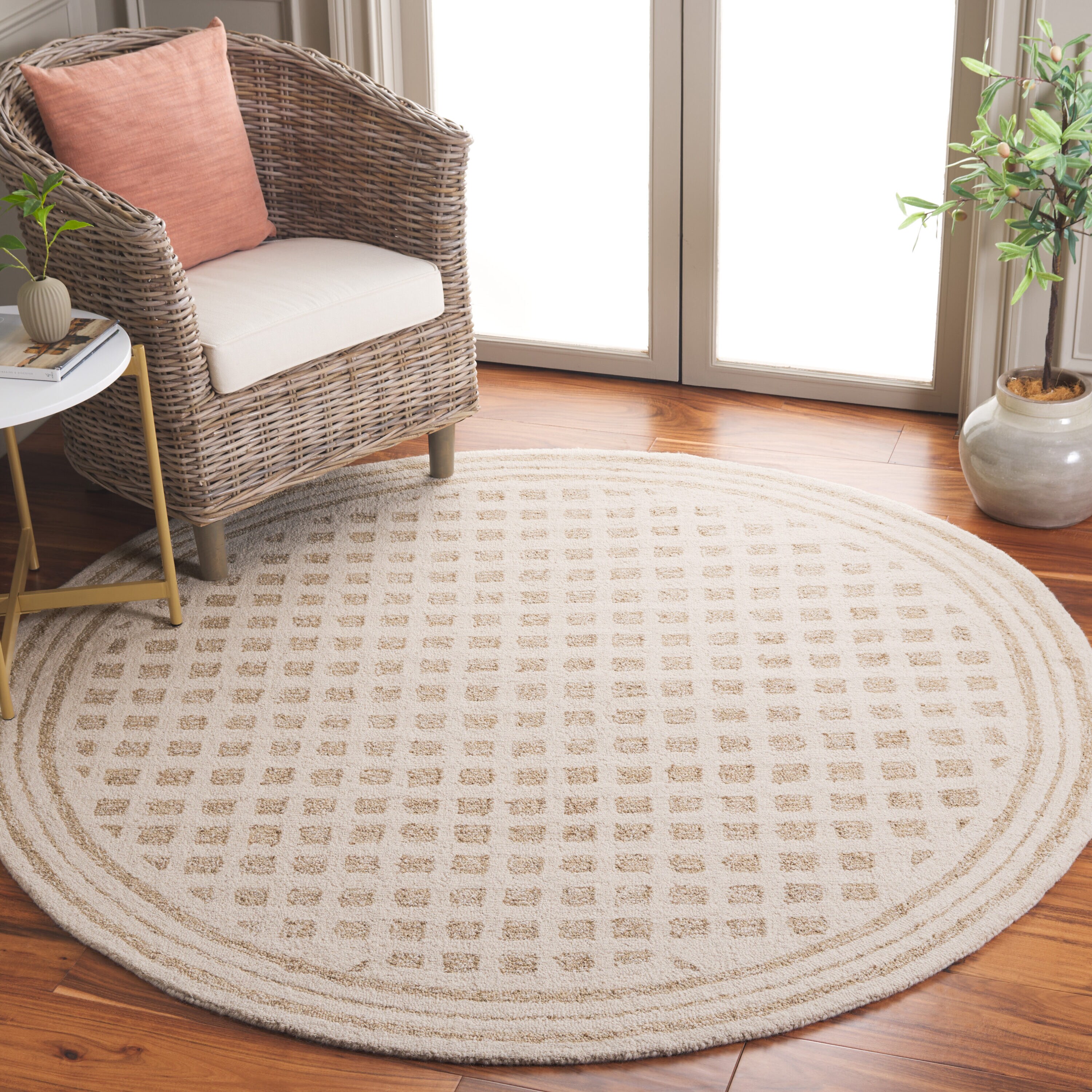  Ebony 604 Checkered Ivory/Beige Contemporary 6ft x 6ft Round Rug