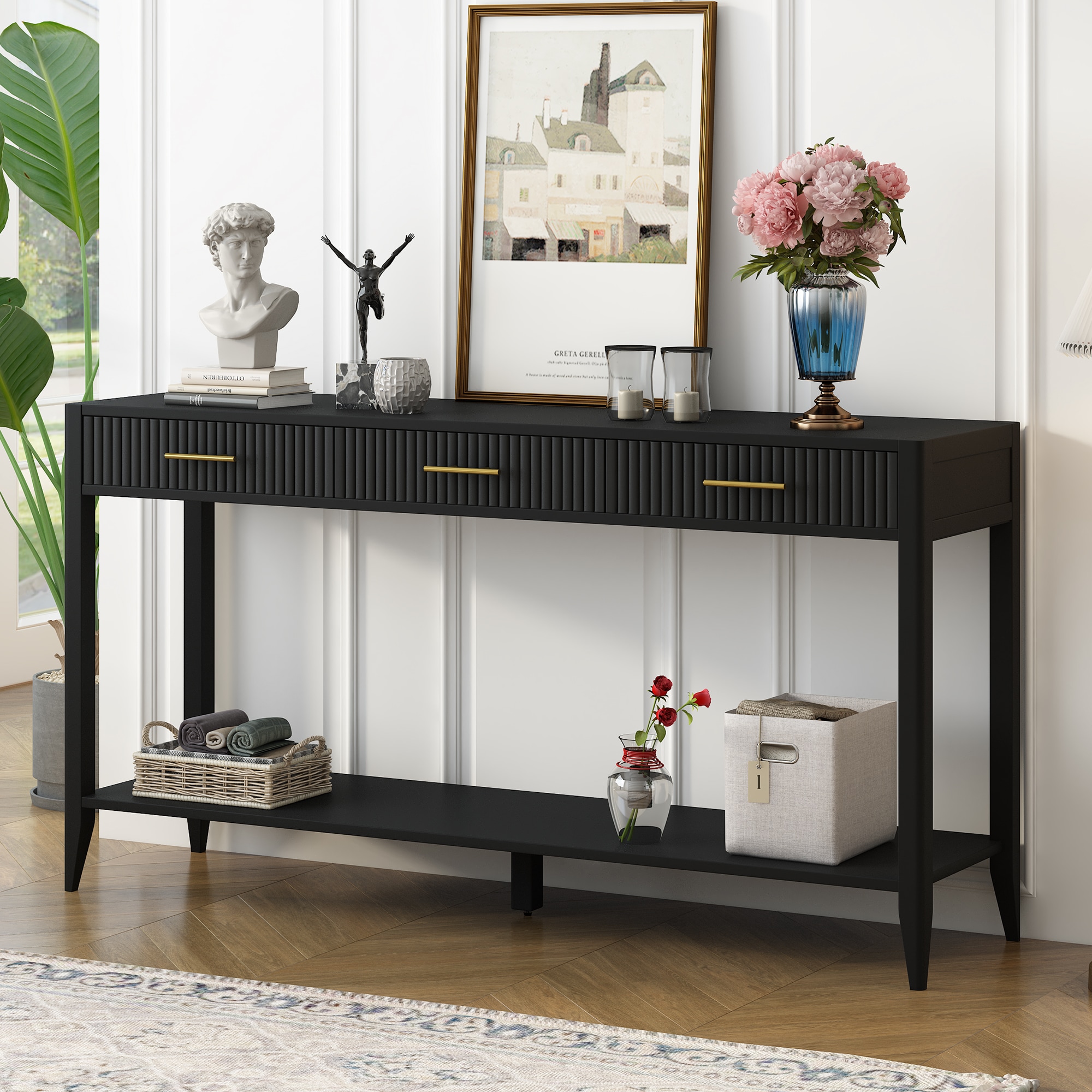 ModernLuxe N711P190531B 60inch Painted Console Table with 3 DrawersWooden Entryway Table with Storage Shelf Farmhouse Sofa Table for Living Room HallwayEntryway Foyer CorridorBlack
