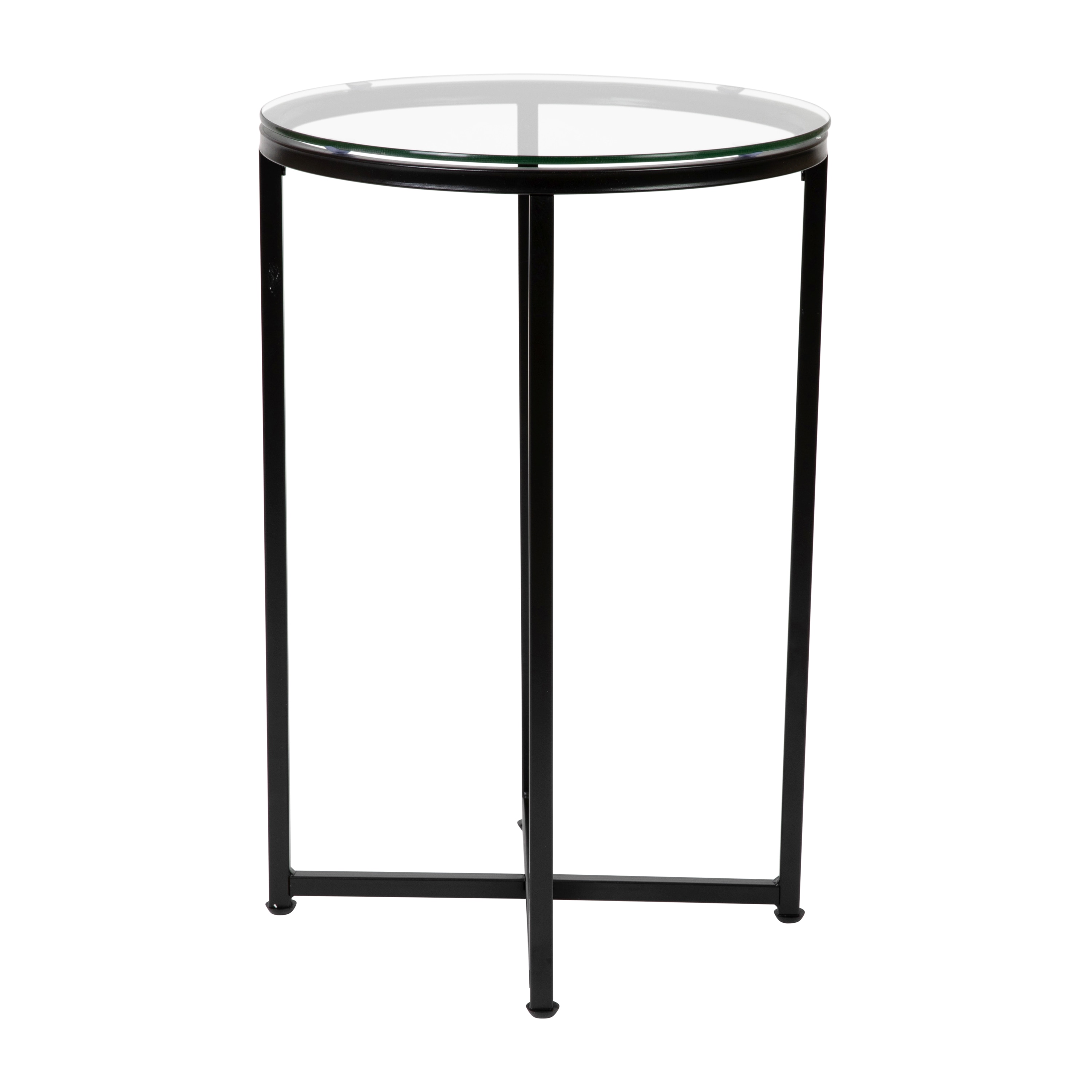 Round Clear Glass End Table with Matte Black Metal Frame