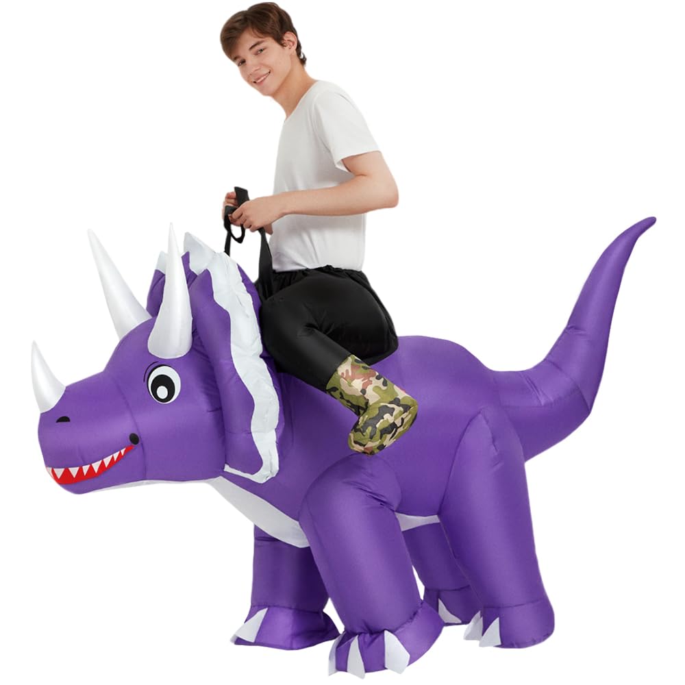 KOOY Adult Inflatable Triceratops Dinosaur Costume with Battery-Powered Blower Fan Fits Heights 4.9 ft to 5.9 ft 100 Percent Polyester Blow Up Suit for Halloween Parties and Cosplay