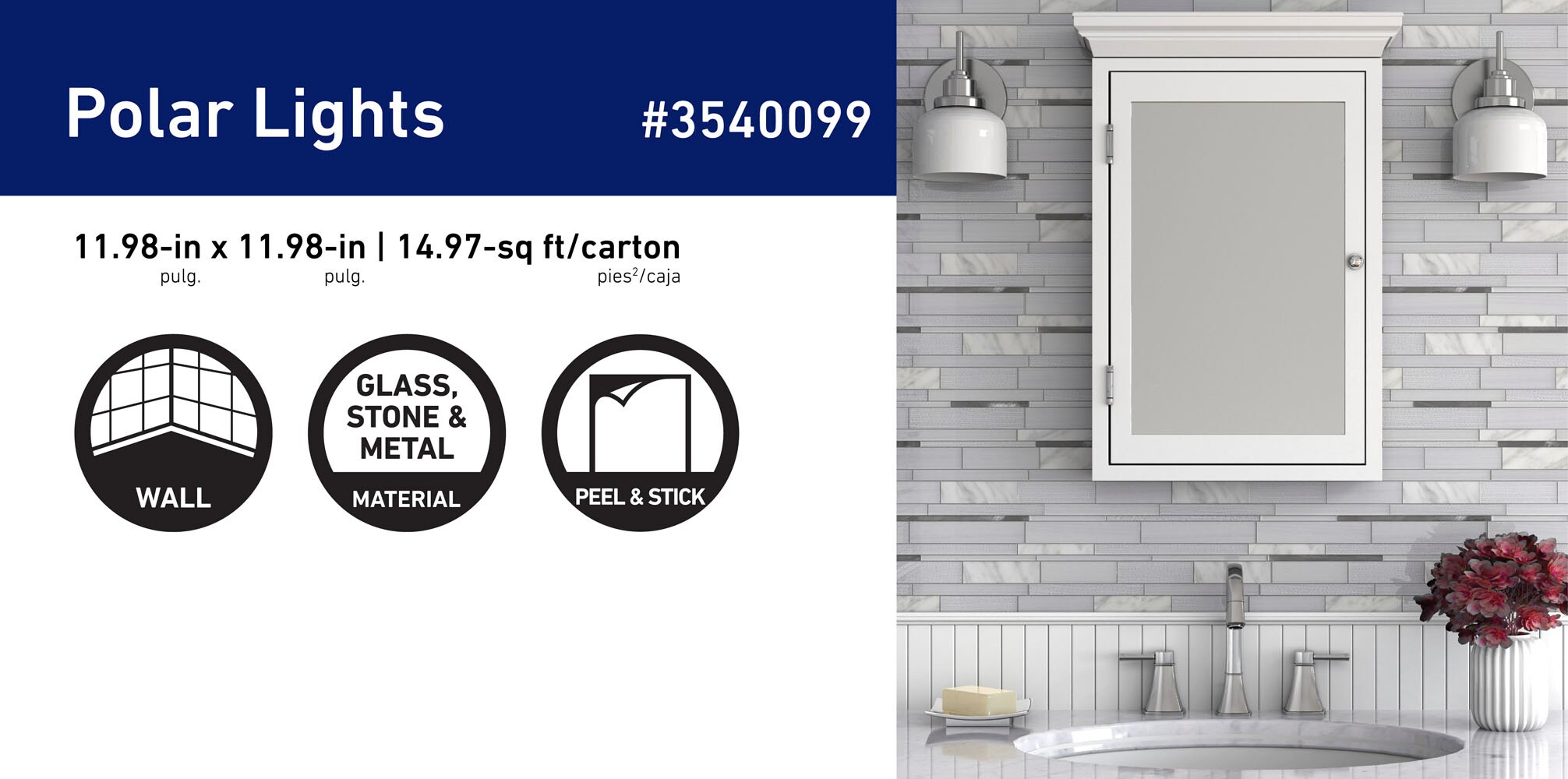 Peel&Stick Tile Polar Lights White 12-in x 13-in Glossy Glass; Metal; Stone Marble Linear Marble Look Peel and Stick Wall Tile (0.998-sq. ft/ Piece)