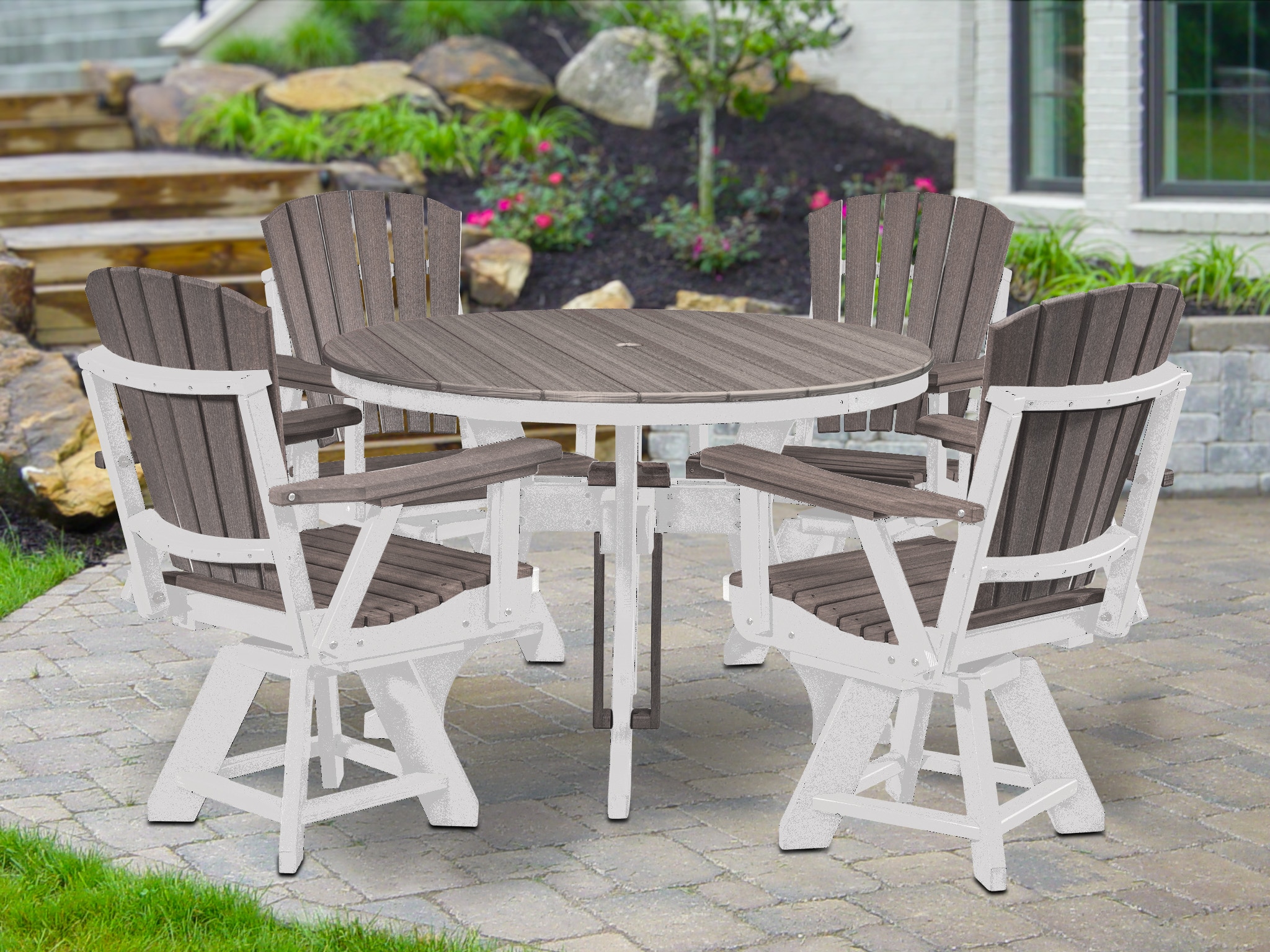 American Furniture Classics DR130CGWT-K Adirondack 5 -Piece White Patio Dining Set HDPE Round Table with 4 Swivel Chairs