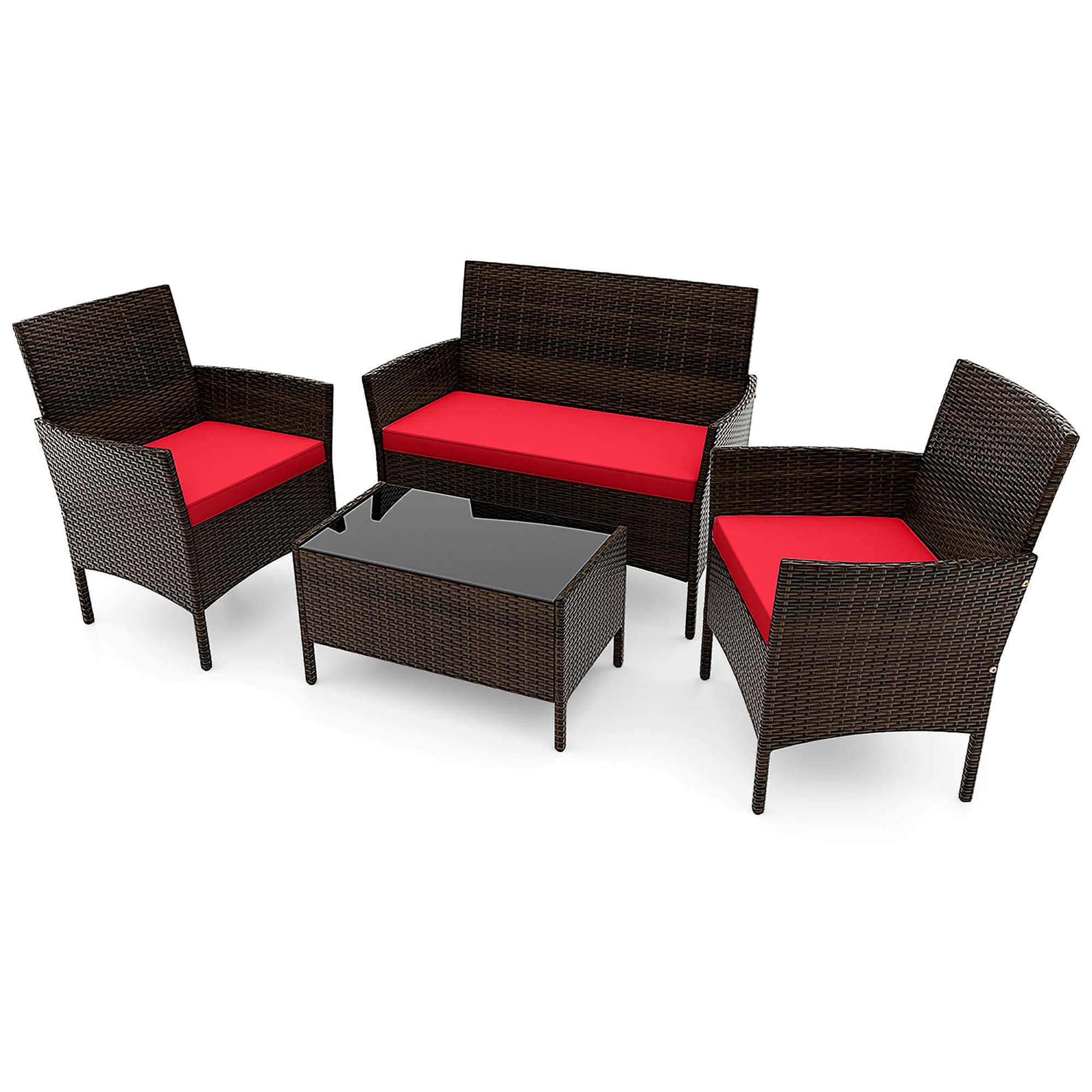 Costway HCST05103 4 -Piece Rattan Patio Conversation Set with Red Cushions