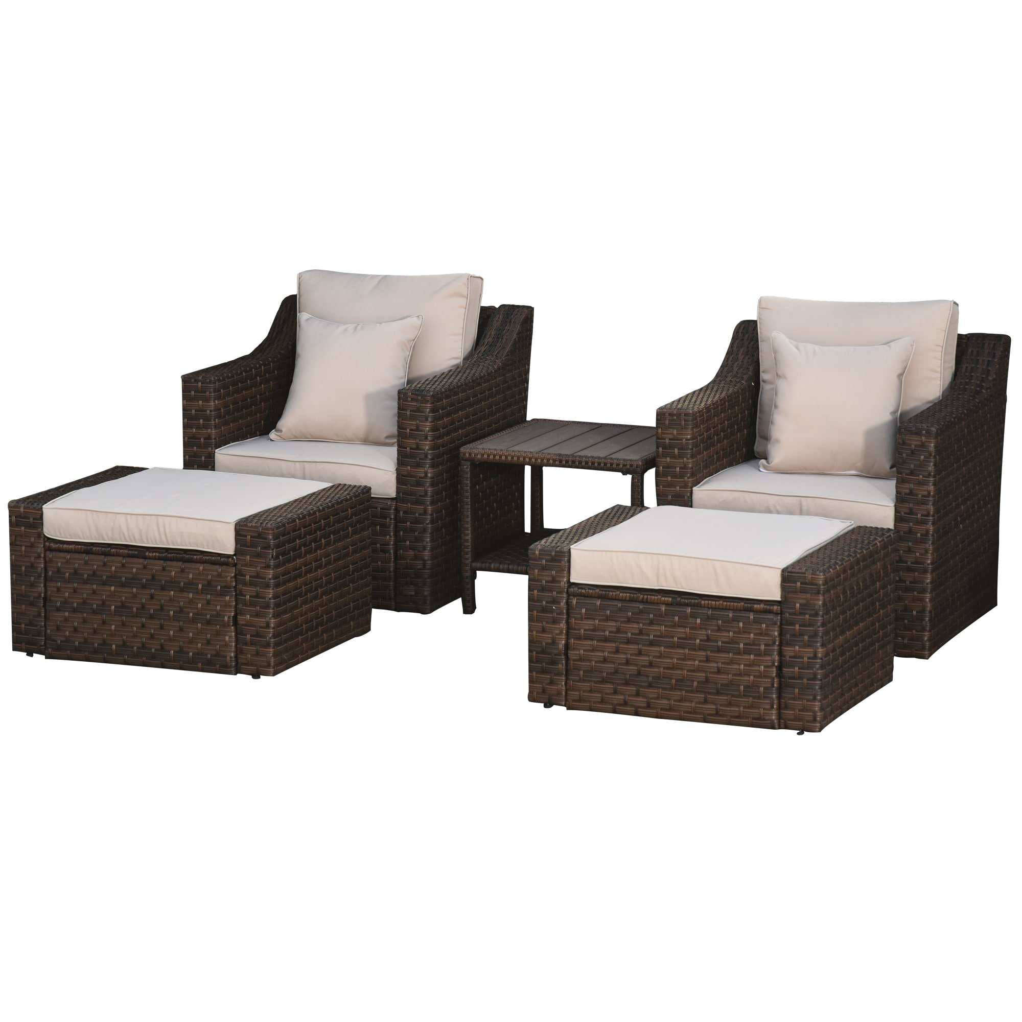 Outsunny 860-126BN 5 Piece Patio Furniture Set All Weather PE Rattan Conversation Chair and Ottoman Set with Coffee Table Cushions and Pillows Included for Balcony Porch Deck Pool Lawn Beige