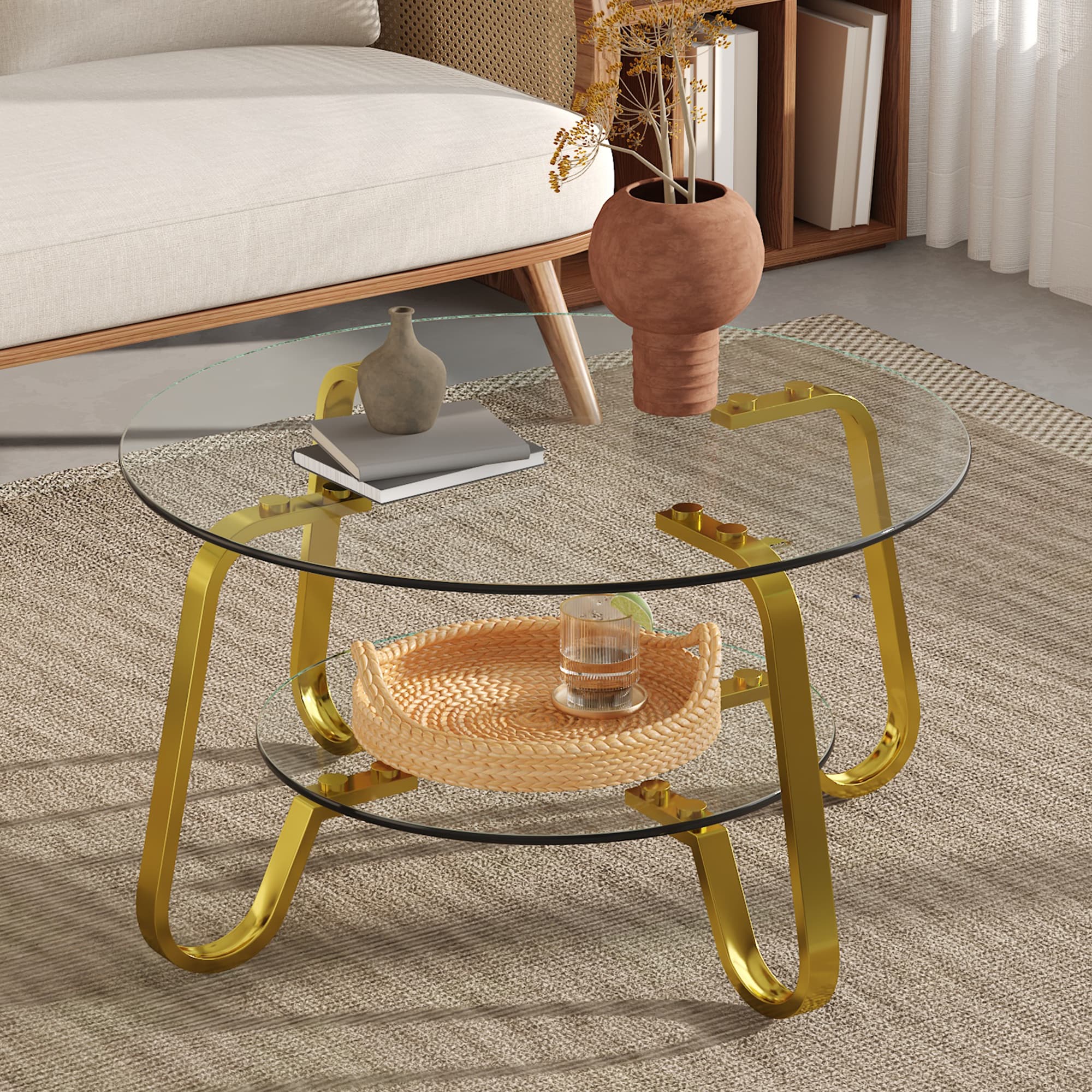 KTMBDW - Round Coffee Table 2 Tiers Circle Coffee Table with Storage Modern Accent Center Table f...