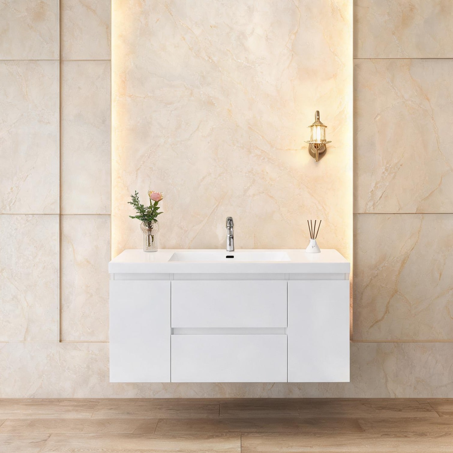 Naturefalls - Wall-Mounted Bathroom Vanity with Integrated Sink Wood Construction White Finish 48...