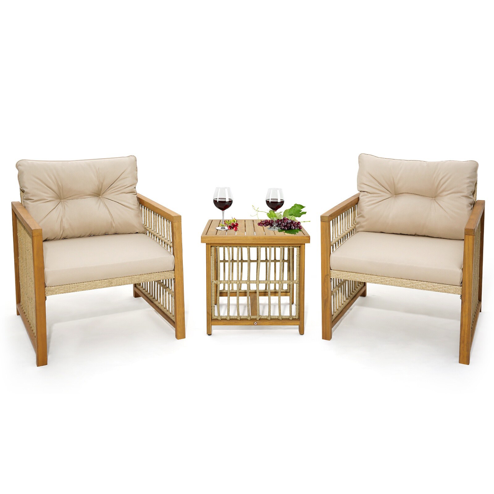Volenca 3-Piece PE Wicker Patio Conversation Set with Acacia Wood ...
