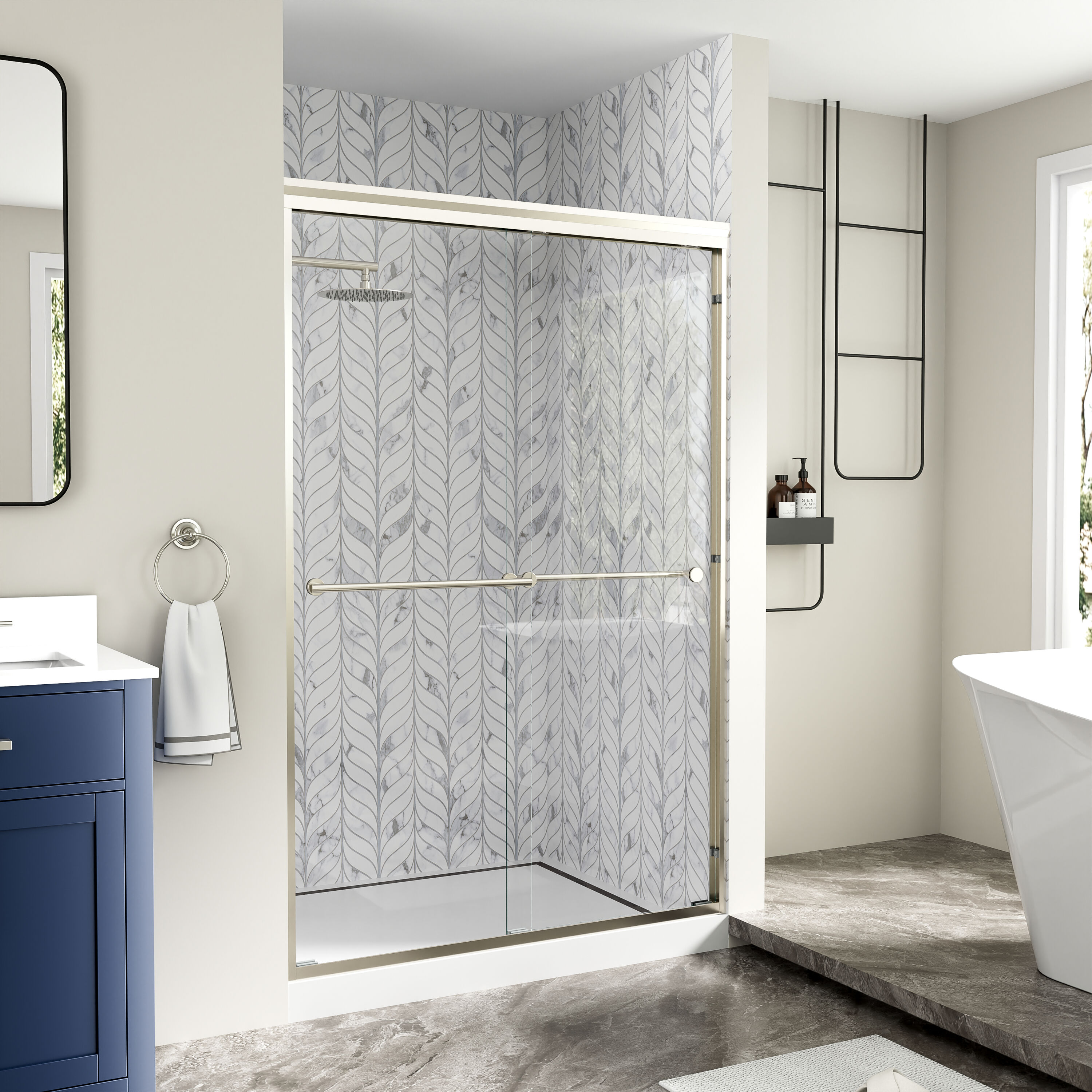 Forclover GLIC Track Sliding Door Brushed Nickel 44-in to 48-in W x 72-in H Framed Clear Glass Sliding Soft Close Shower door Stainless Steel