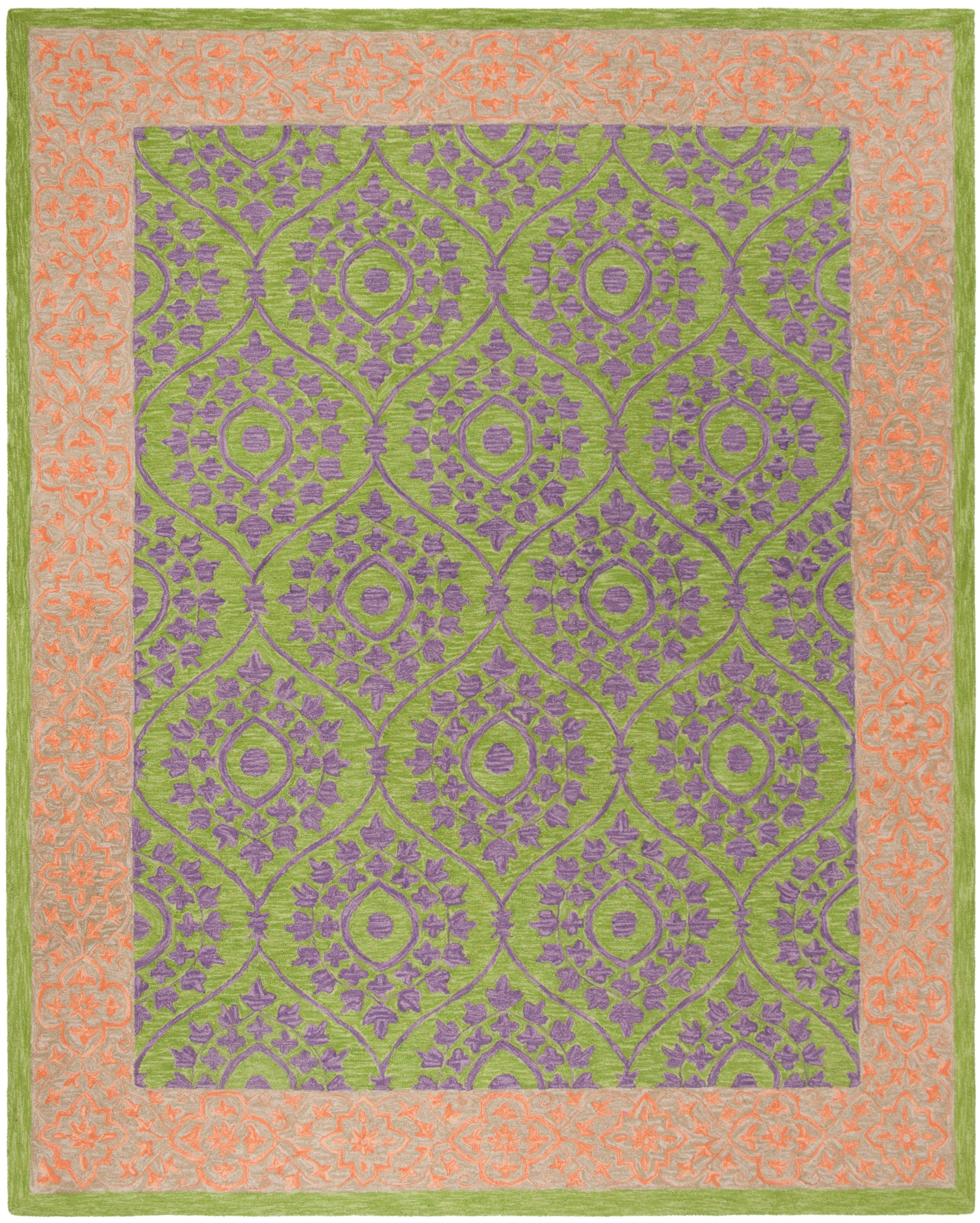 Green and Violet Hand-Knotted Wool Area Rug 8' x 10'