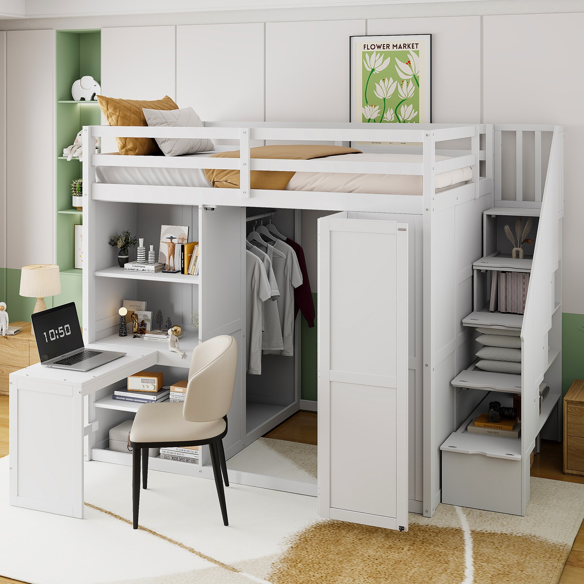 GDFStudio 341497 Everly Full Over Full Bunk Bed with Wardrobe   Desk